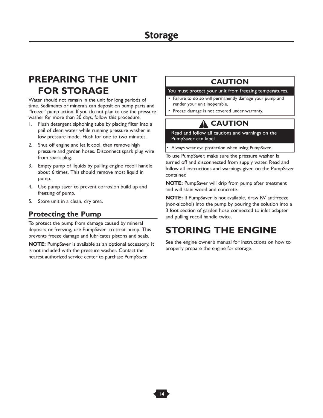 Husqvarna 1337PW owner manual Preparing the Unit for Storage, Storing the Engine, Protecting the Pump 