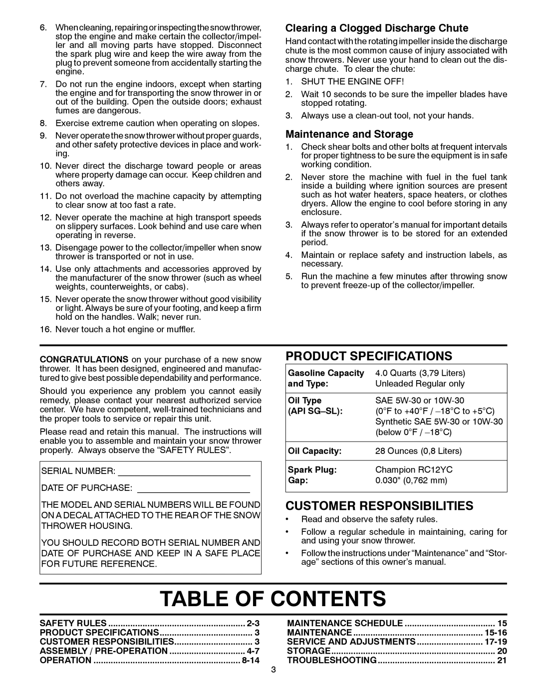 Husqvarna 13524SB-XLS owner manual Table Of Contents, Clearing a Clogged Discharge Chute, Maintenance and Storage 