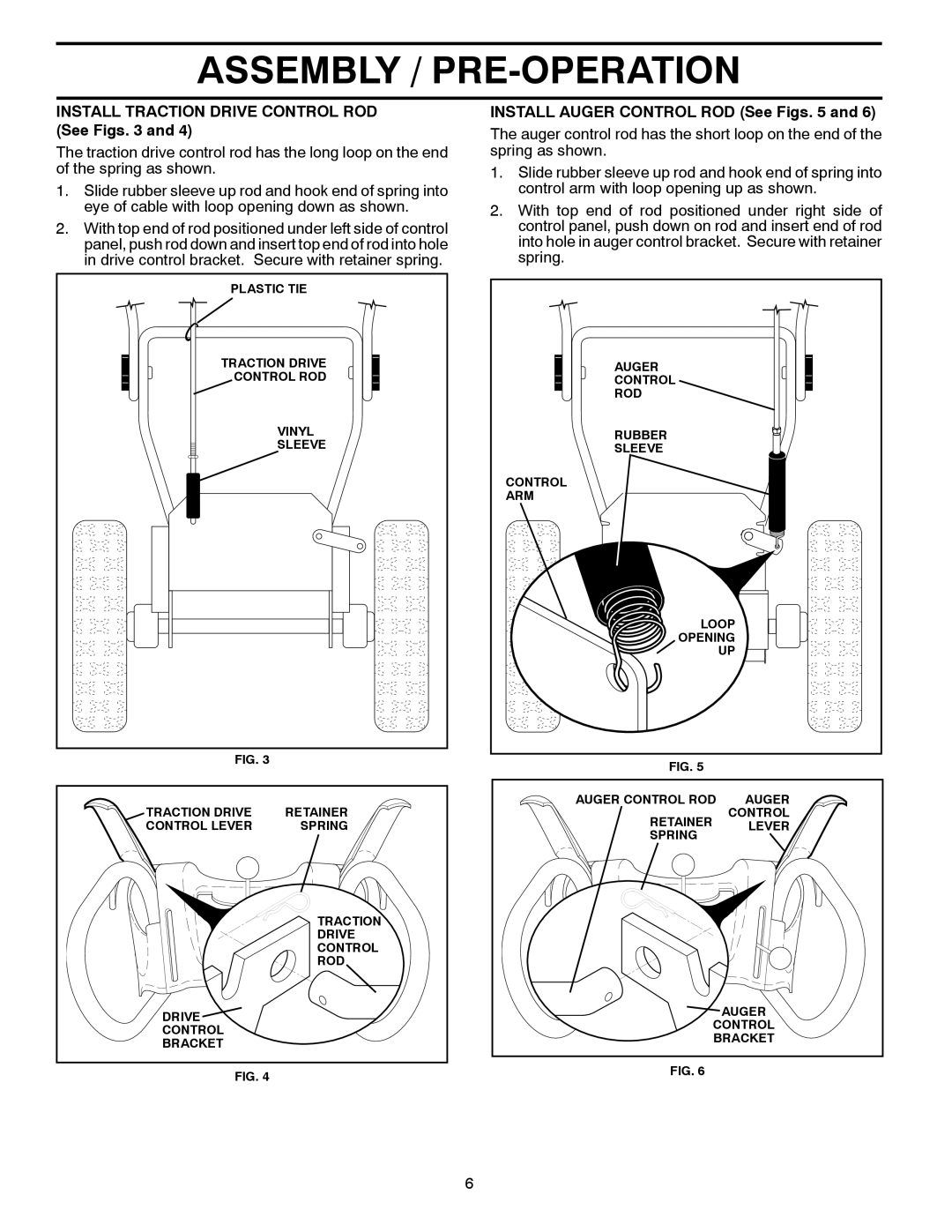 Husqvarna 13524SB-XLS owner manual Assembly / Pre-Operation, INSTALL AUGER CONTROL ROD See Figs. 5 and 