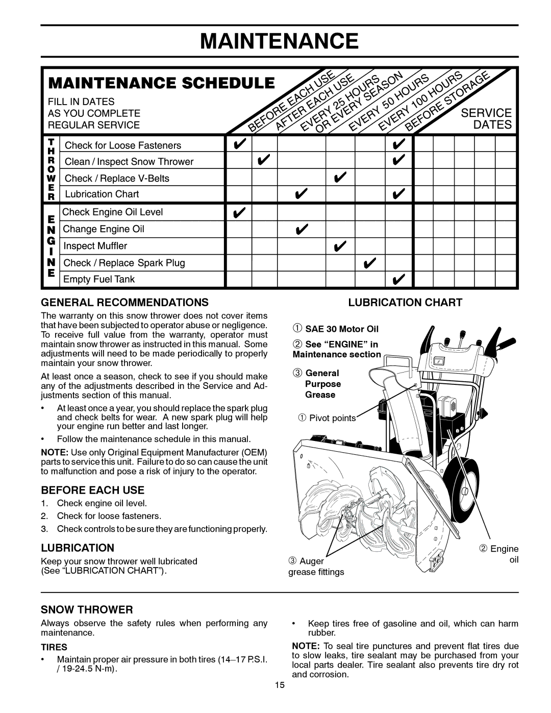 Husqvarna 13524SB-XLS owner manual Maintenance, General Recommendations, Before Each USE, Lubrication, Snow Thrower 