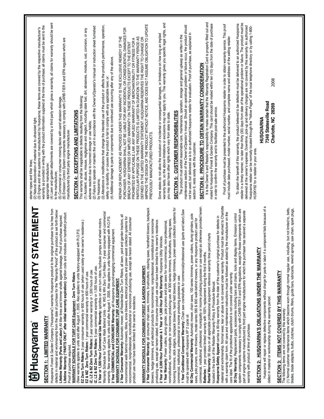 Husqvarna 13524SB-XLS owner manual Warranty Statement 