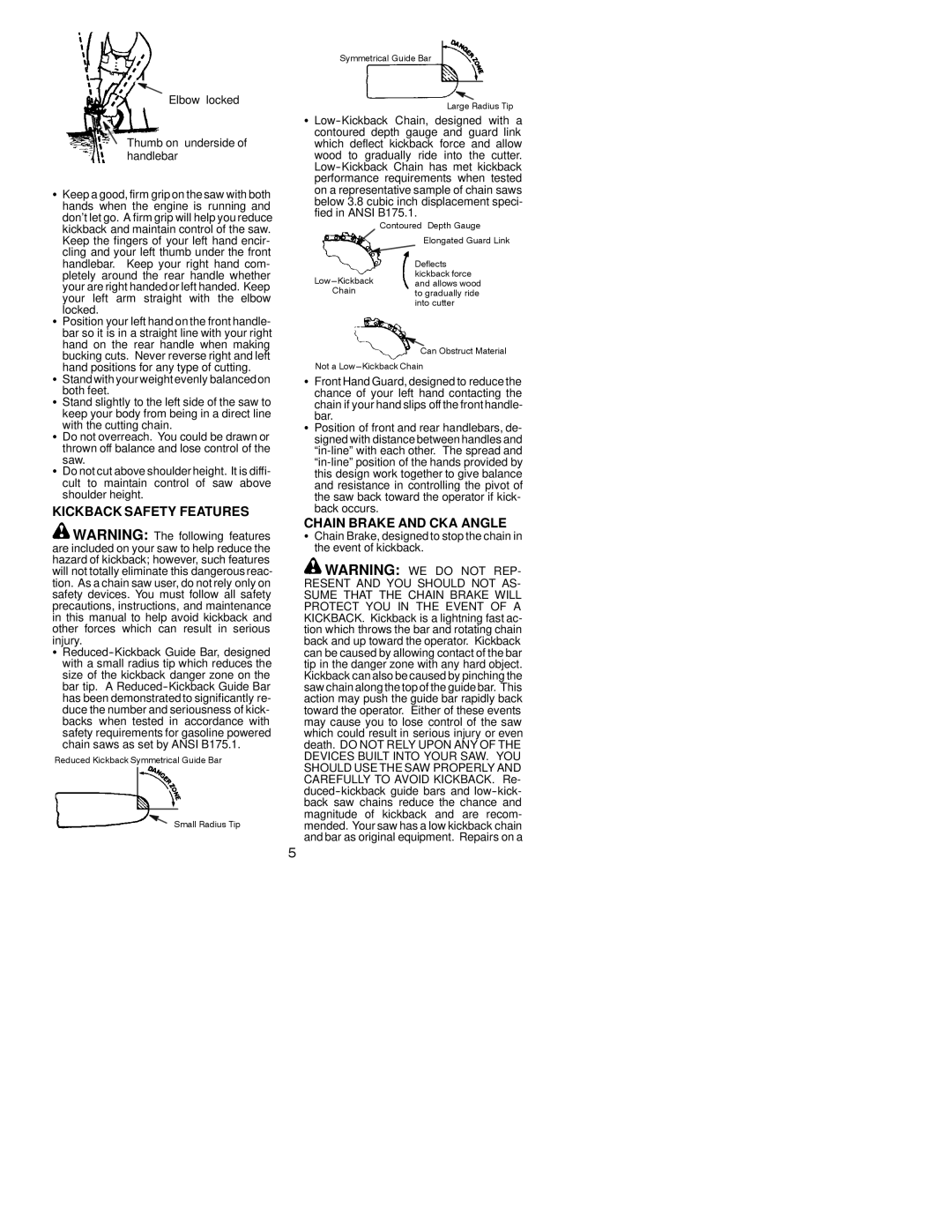 Husqvarna 136, 141, 136LE, 141LE instruction manual Kickback Safety Features, Chain Brake and CKA Angle 