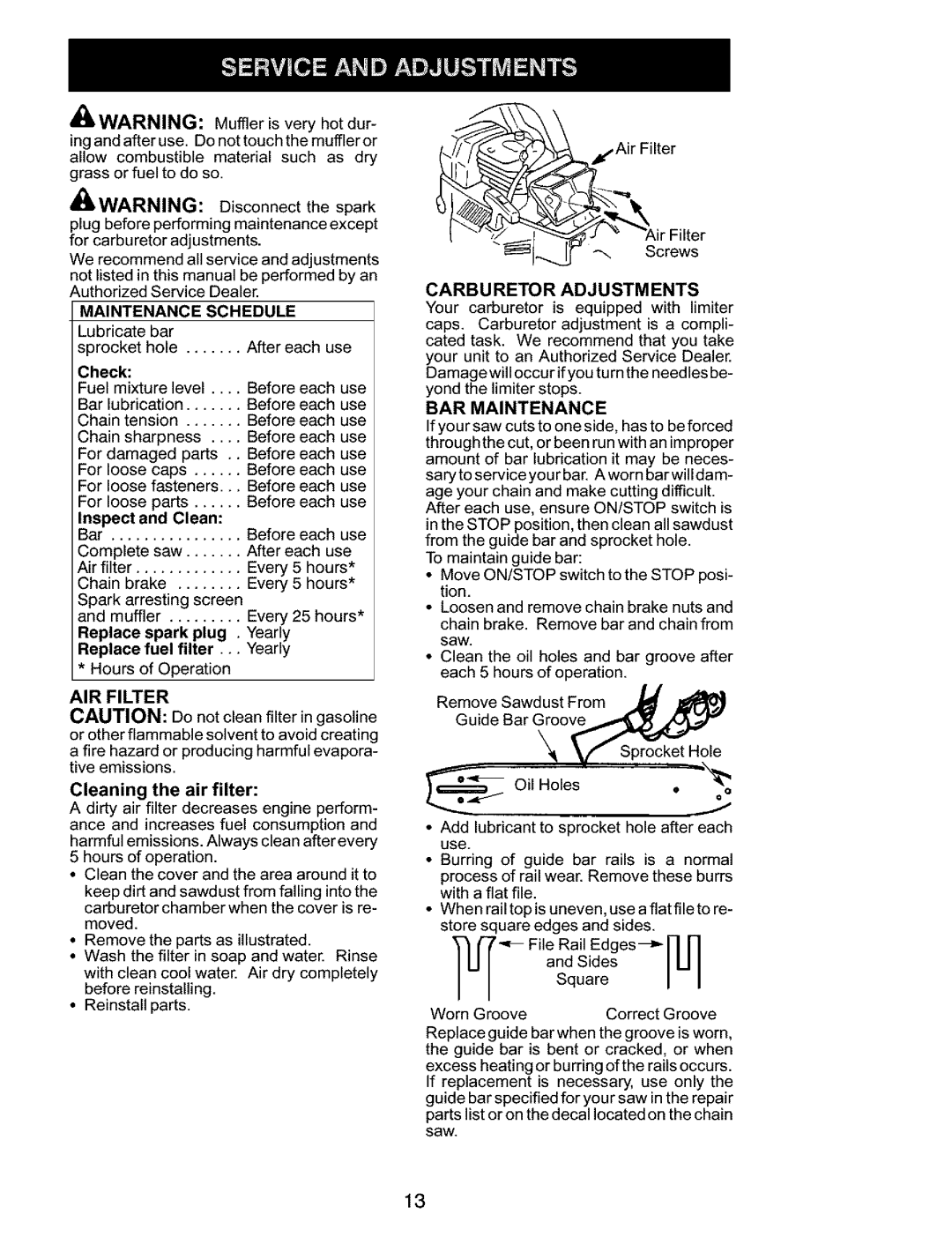 Husqvarna 141, 136 instruction manual Maintenance Schedule, AIR Filter, Carburetor Adjustments, BAR Maintenance 