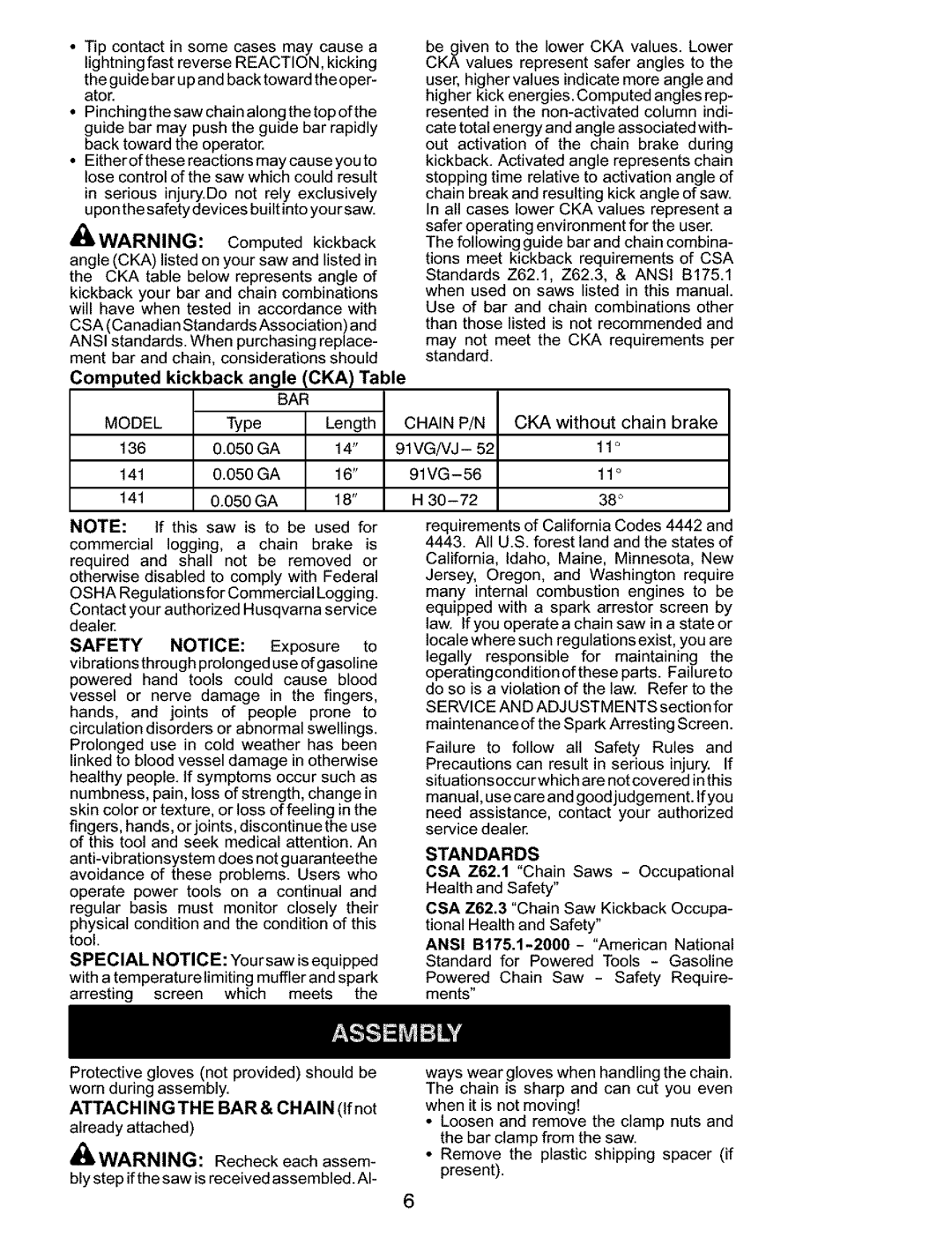 Husqvarna 136, 141 instruction manual Bar, Chain, Standards 