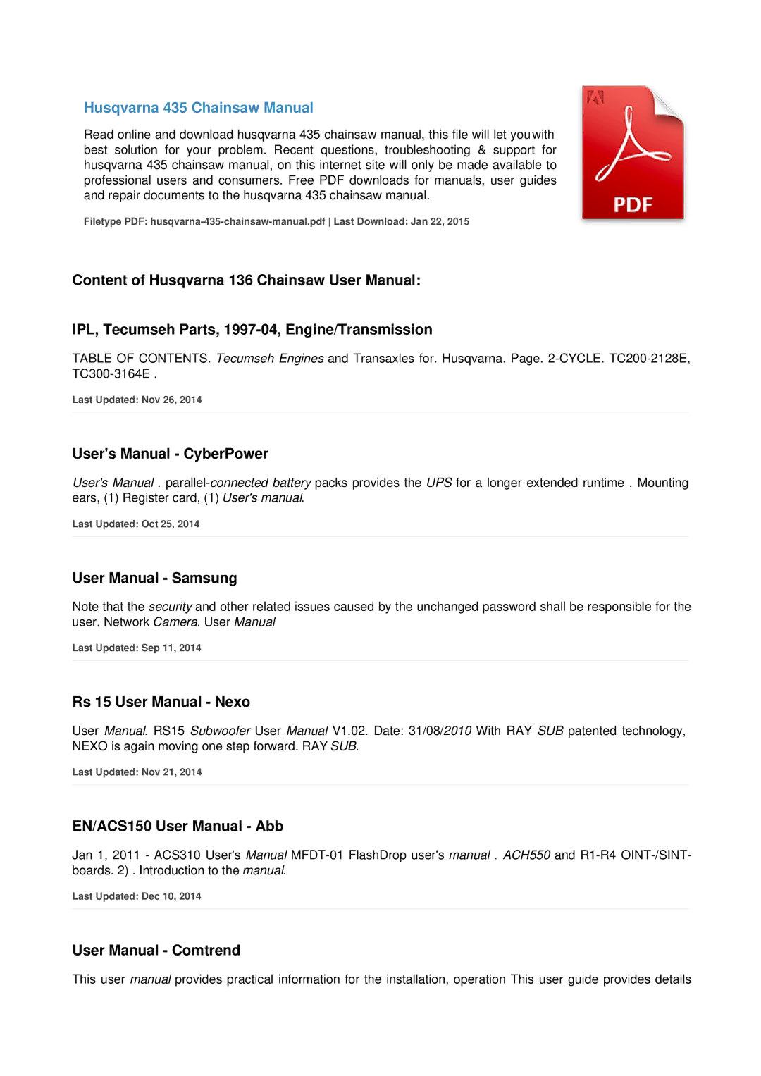 Husqvarna 136 user manual Husqvarna 435 Chainsaw Manual 