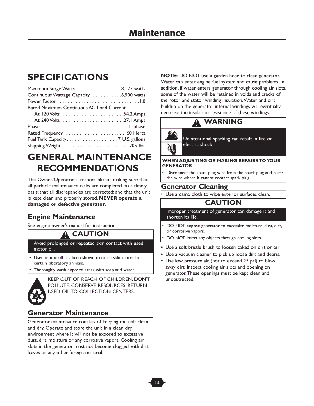 Husqvarna 1365GN owner manual Specifications, General Maintenance Recommendations, Engine Maintenance, Generator Cleaning 