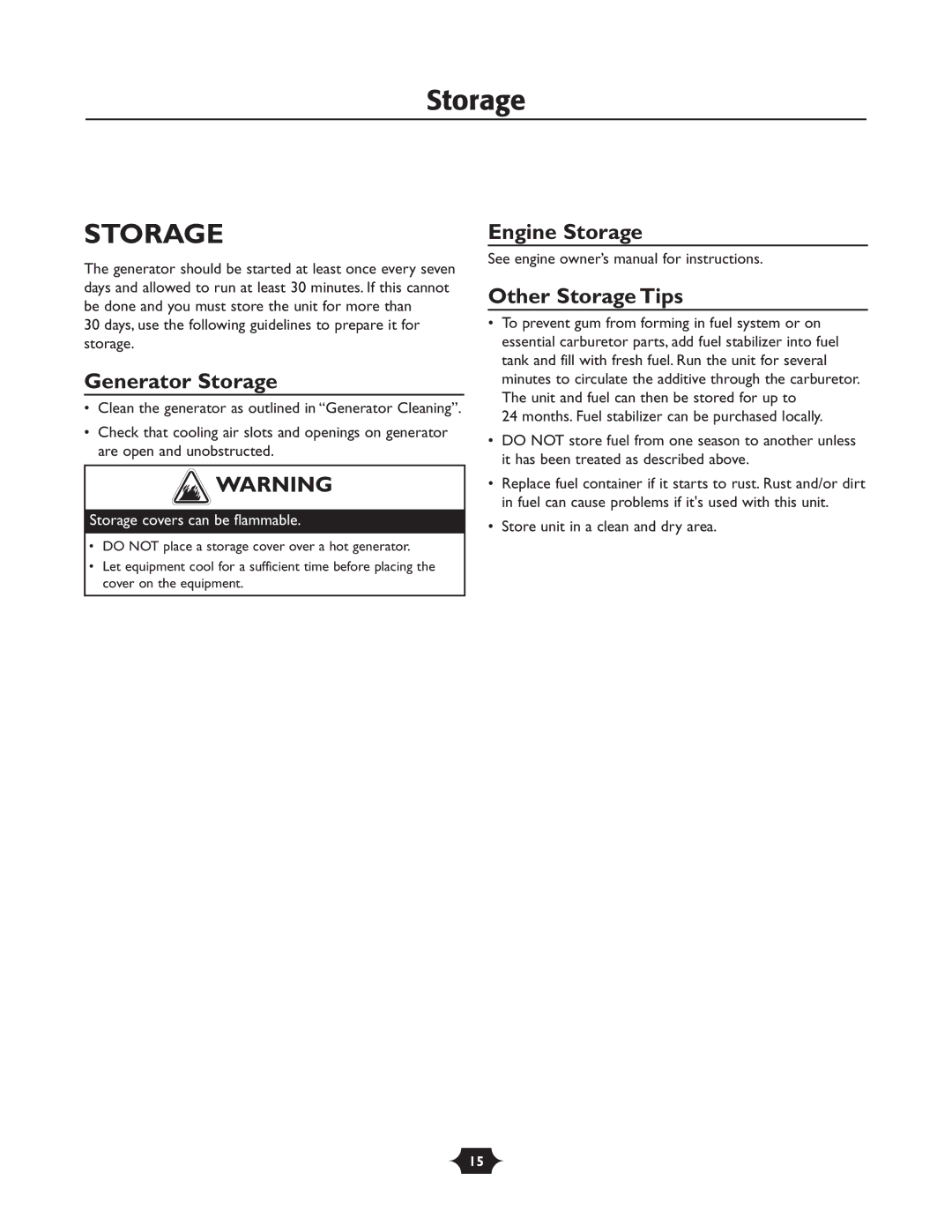 Husqvarna 1365GN owner manual Generator Storage, Engine Storage Other Storage Tips 