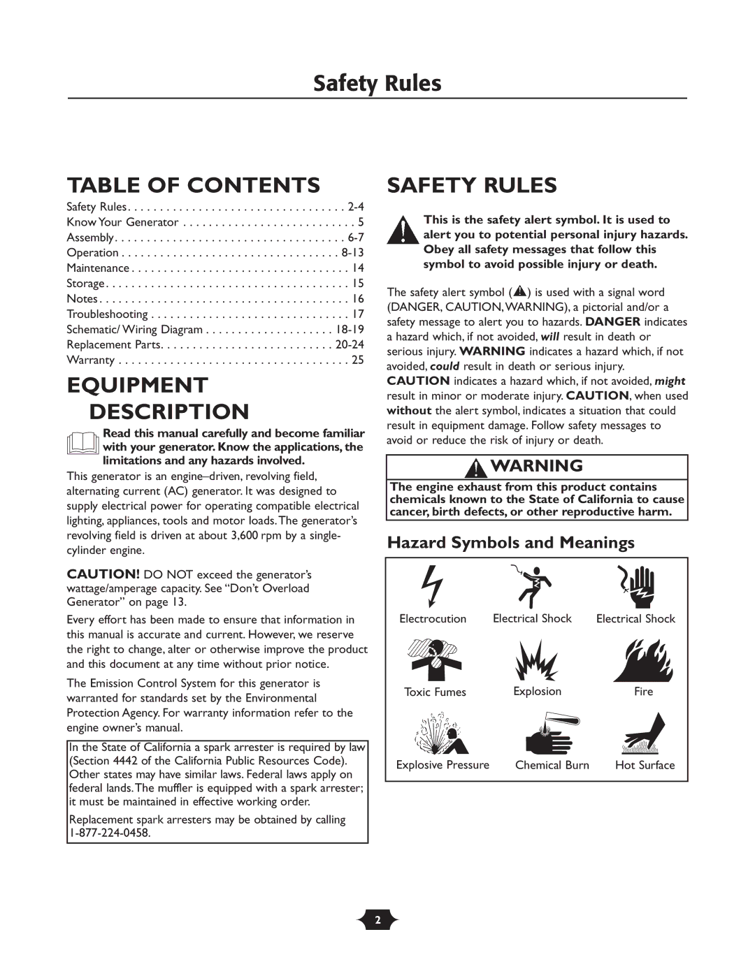 Husqvarna 1365GN owner manual Table of Contents, Equipment Description, Safety Rules 