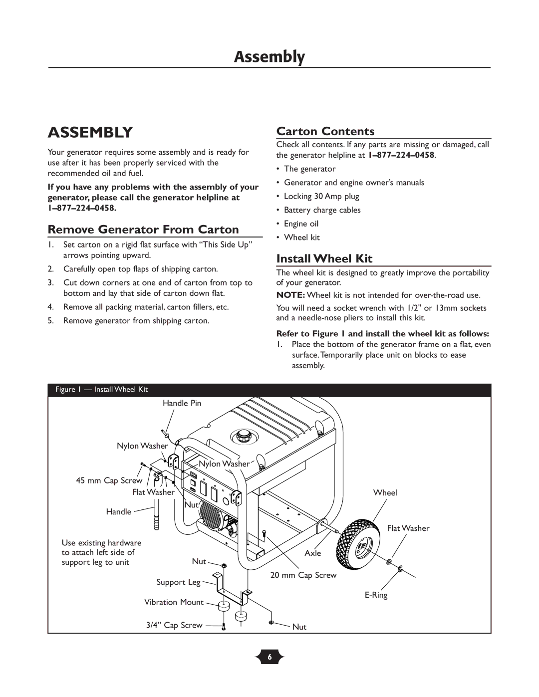 Husqvarna 1365GN owner manual Assembly, Carton Contents, Remove Generator From Carton, Install Wheel Kit 