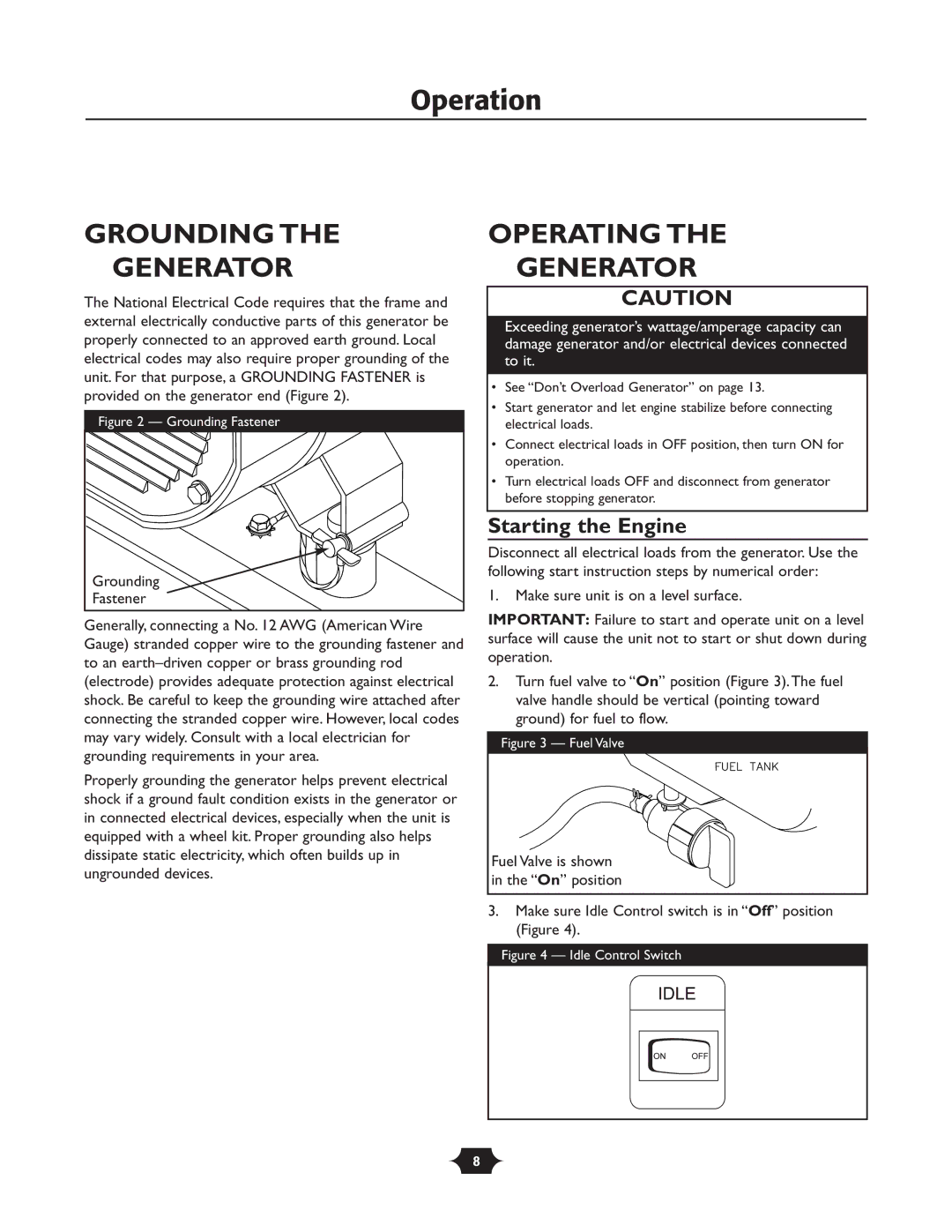 Husqvarna 1365GN owner manual Grounding Generator, Operating Generator, Starting the Engine 