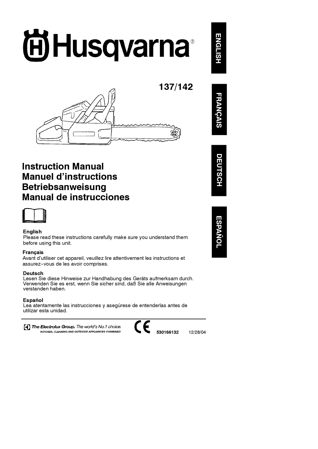 Husqvarna 137, 142 instruction manual English, Français, Deutsch, Español 