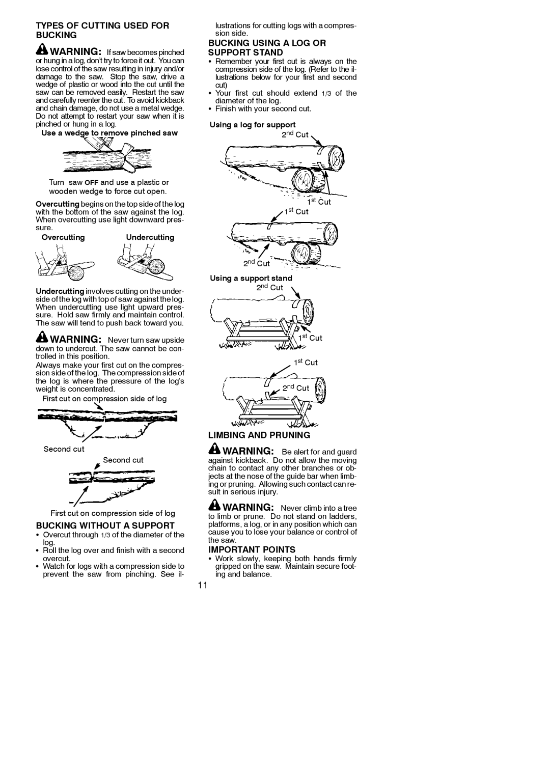 Husqvarna 137, 142 Types of Cutting Used for Bucking, Bucking Using a LOG or Support Stand, Bucking Without a Support 