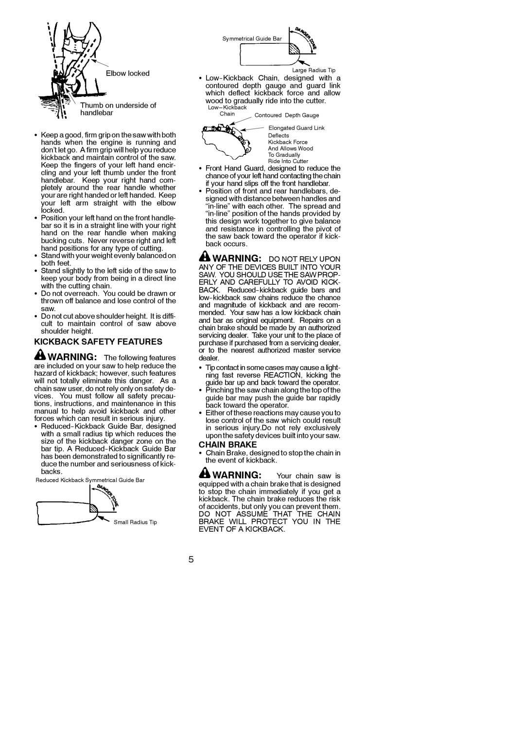 Husqvarna 137, 142 instruction manual Kickback Safety Features, Chain Brake 