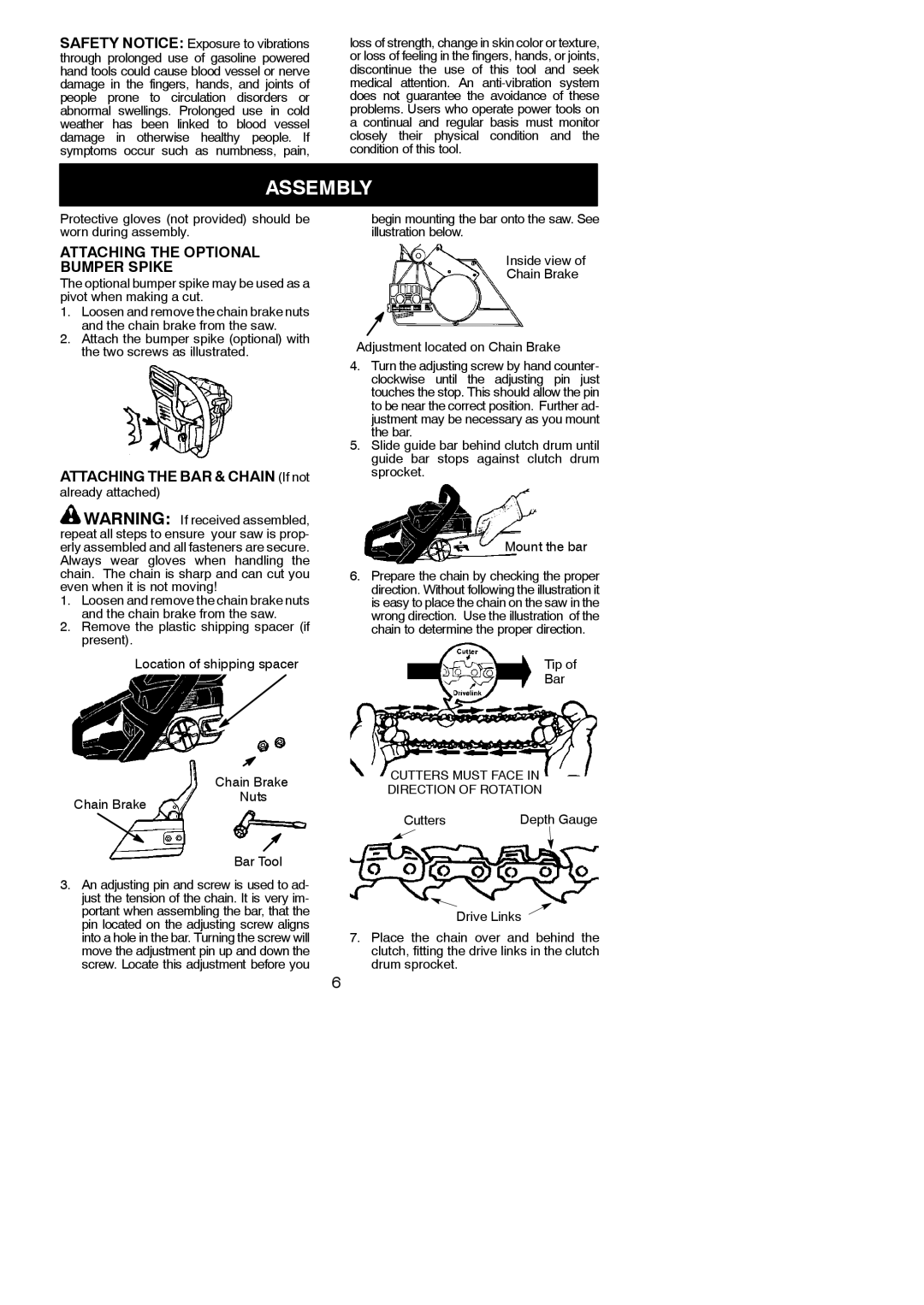 Husqvarna 137, 142 instruction manual Assembly, Attaching the Optional Bumper Spike, Attaching the BAR & Chain If not 