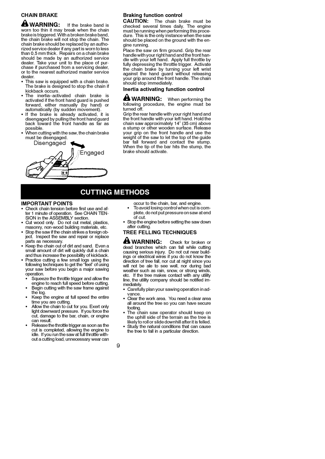 Husqvarna 137, 142 instruction manual Cutting Methods, Chain Brake, Important Points, Tree Felling Techniques 