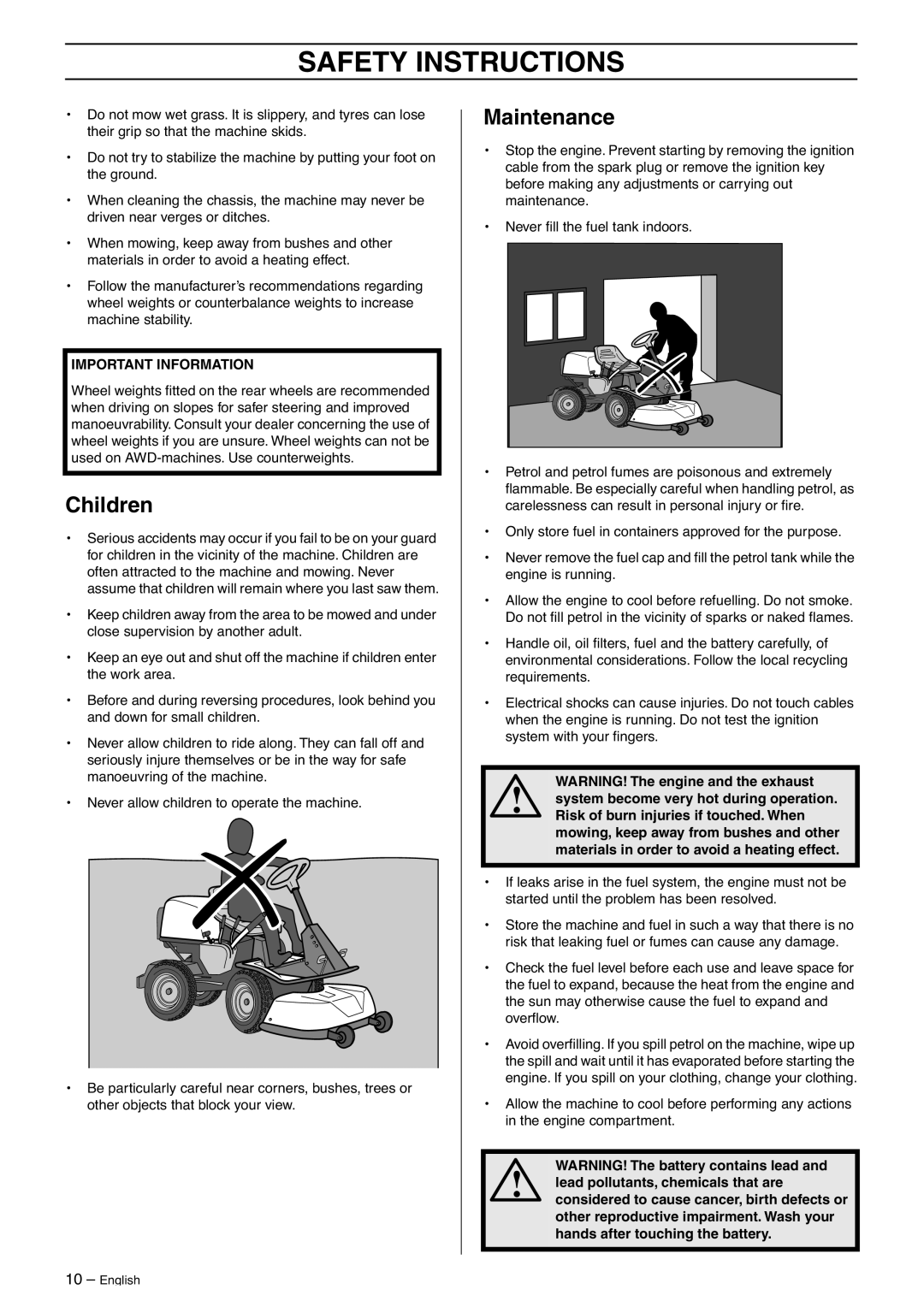 Husqvarna 13C, 16CAWD, 11R, 11C manual Children, Maintenance 