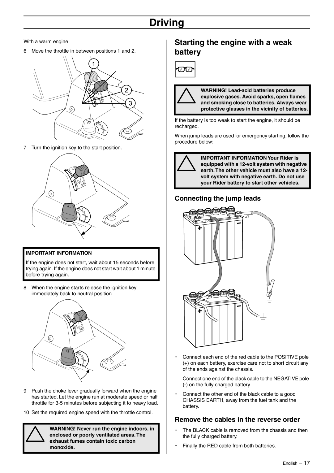 Husqvarna 16C Starting the engine with a weak battery, Connecting the jump leads, Remove the cables in the reverse order 