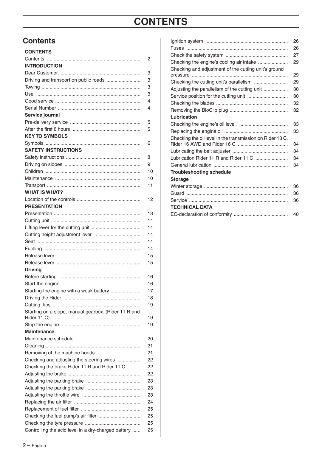 Husqvarna 13C, 16CAWD, 11R, 11C manual Contents 