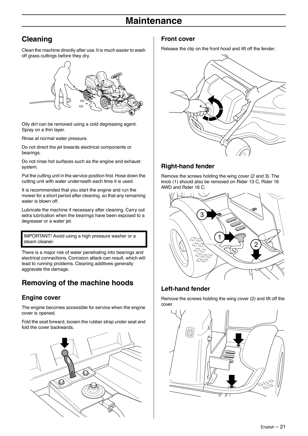 Husqvarna 16CAWD, 13C, 11R, 11C manual Cleaning, Removing of the machine hoods 