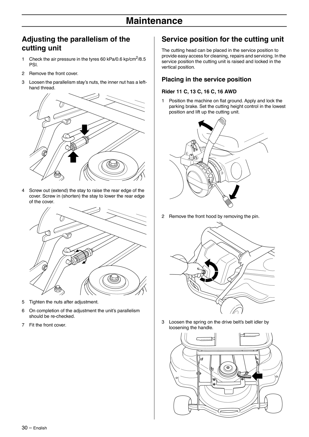 Husqvarna 13C, 16CAWD, 11R, 11C manual Adjusting the parallelism of the cutting unit, Service position for the cutting unit 