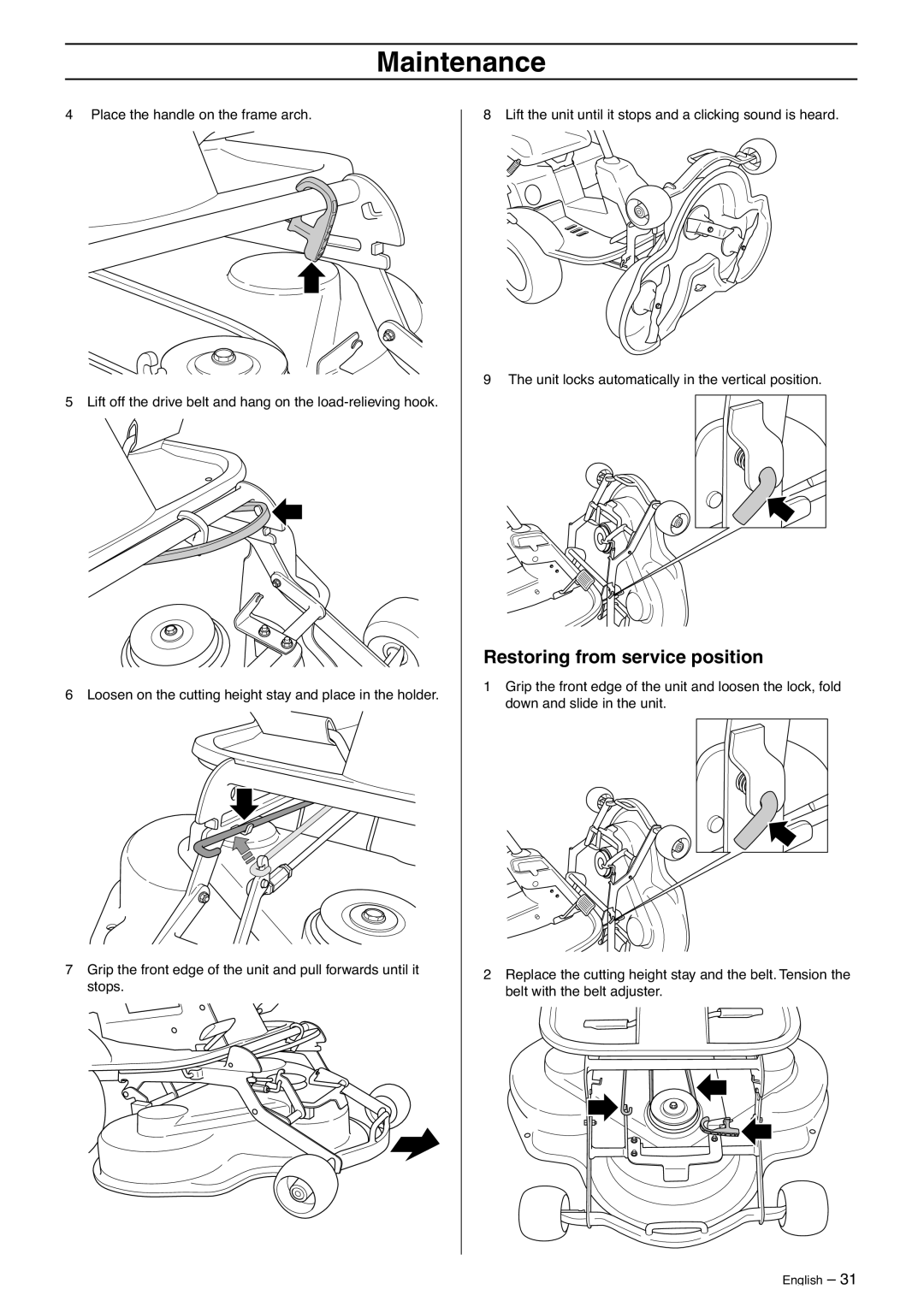 Husqvarna 16CAWD, 13C, 11R, 11C manual Restoring from service position 