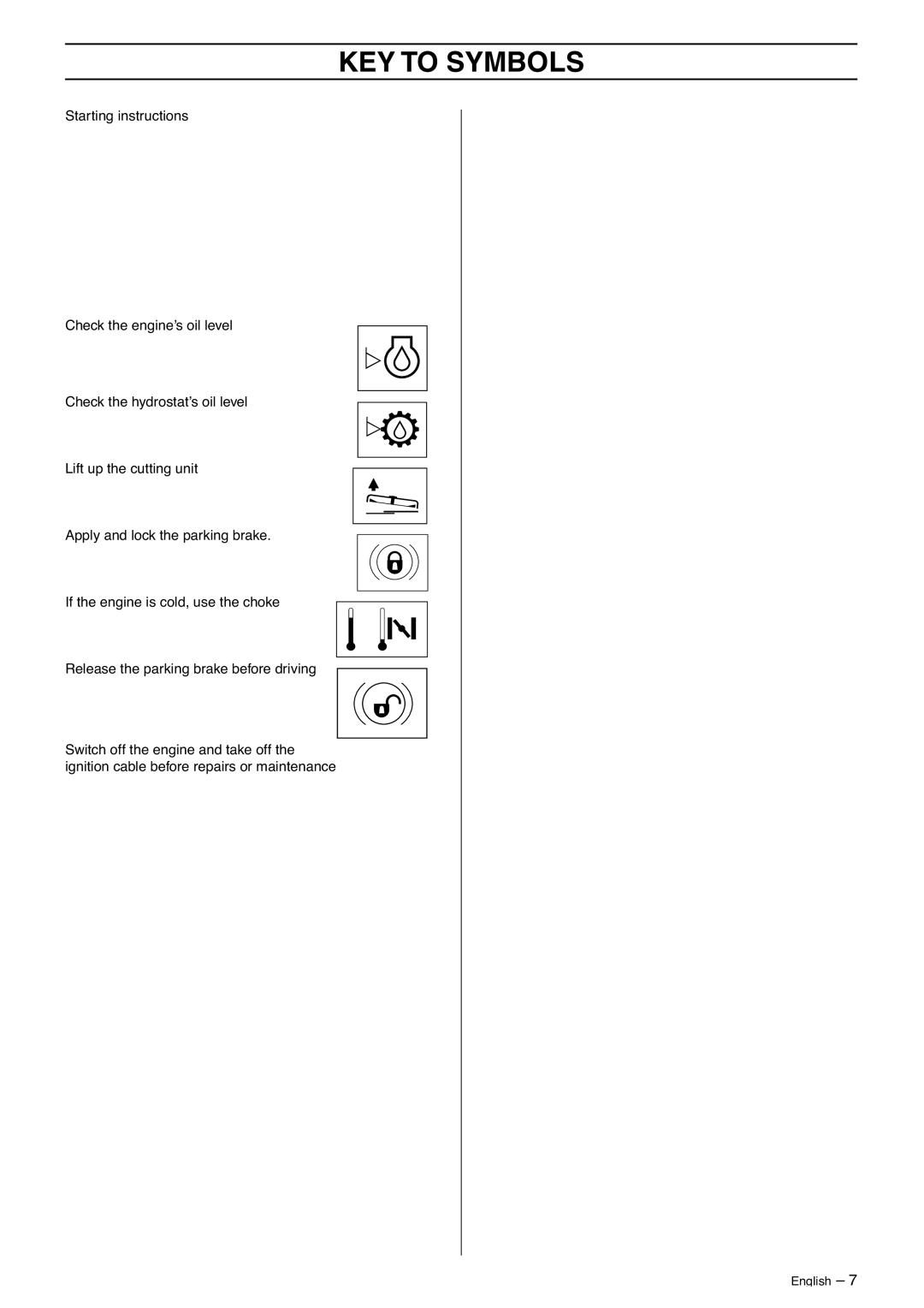 Husqvarna 13C, 16CAWD, 11R, 11C manual KEY to Symbols 