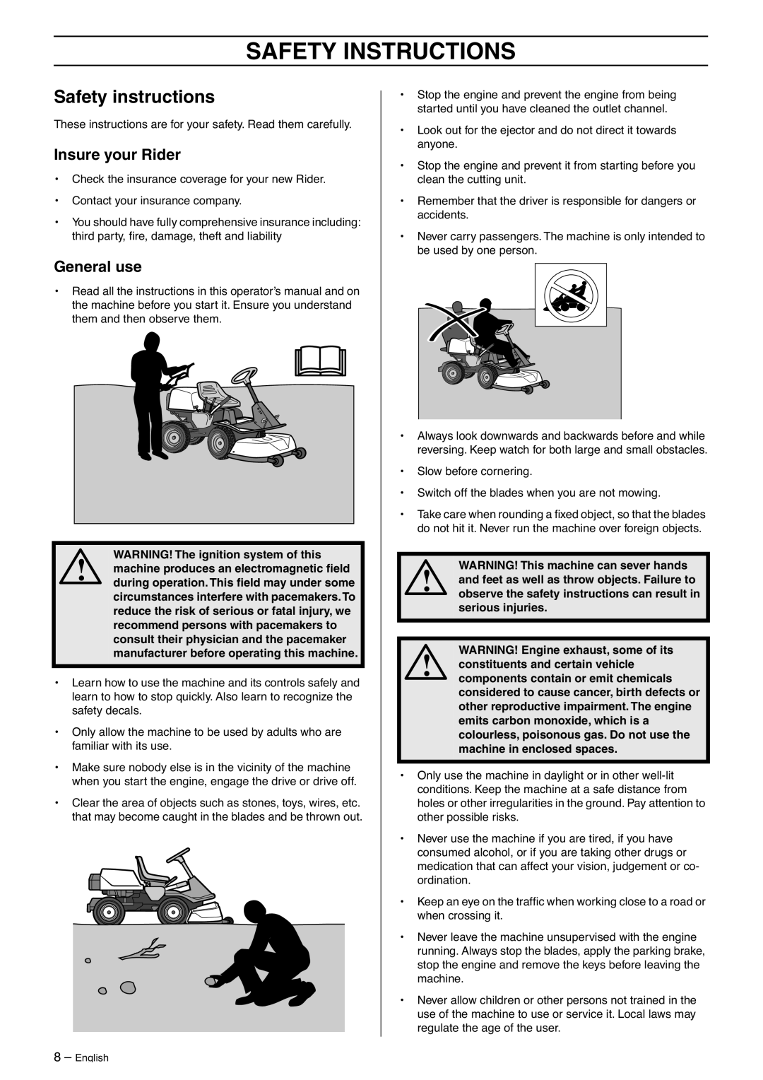 Husqvarna 11R, 13C, 16CAWD, 11C manual Safety Instructions, Safety instructions, Insure your Rider, General use 