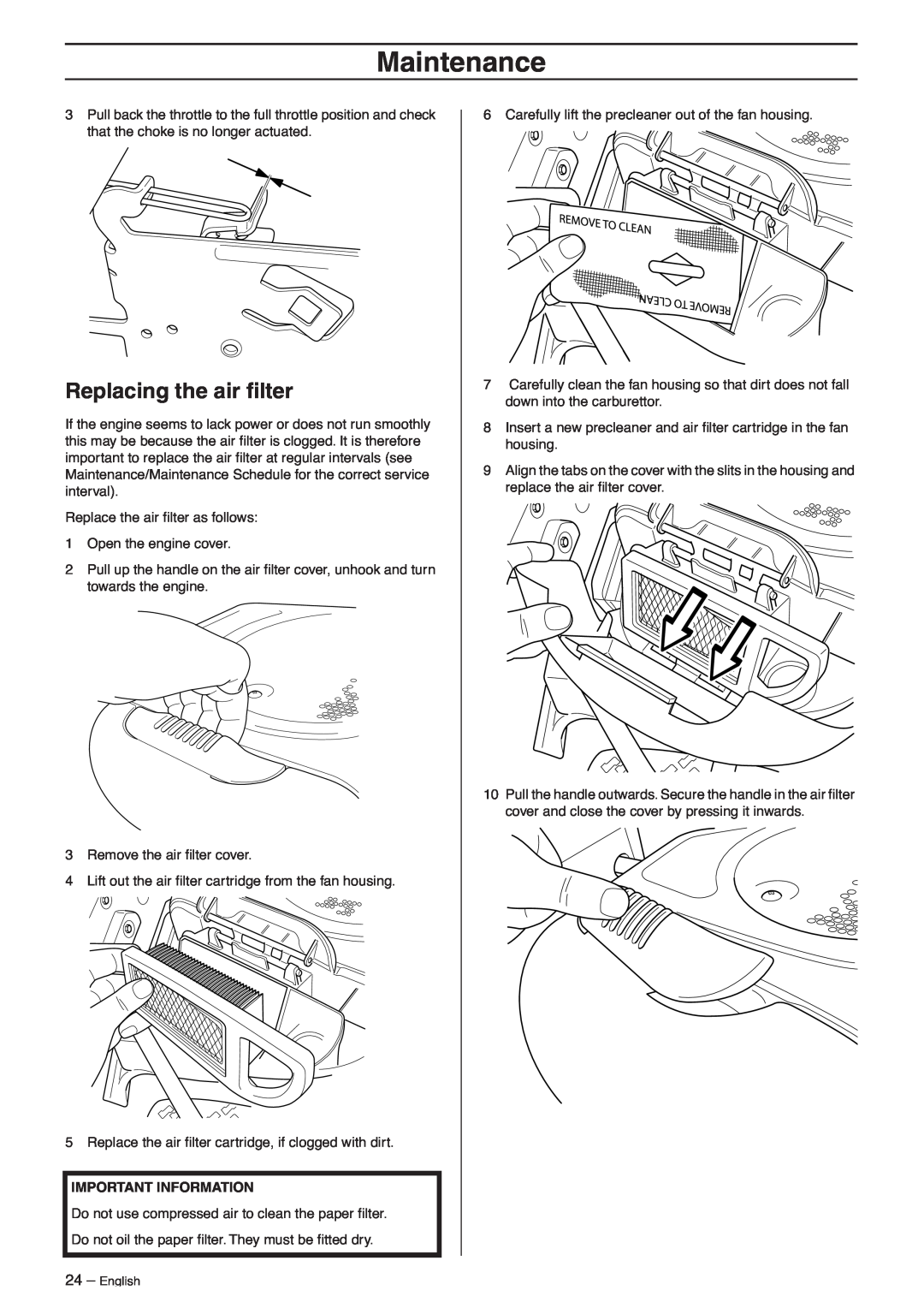 Husqvarna 11C, 13C, 16CAWD, 11R manual Replacing the air ﬁlter, Maintenance, Important Information 