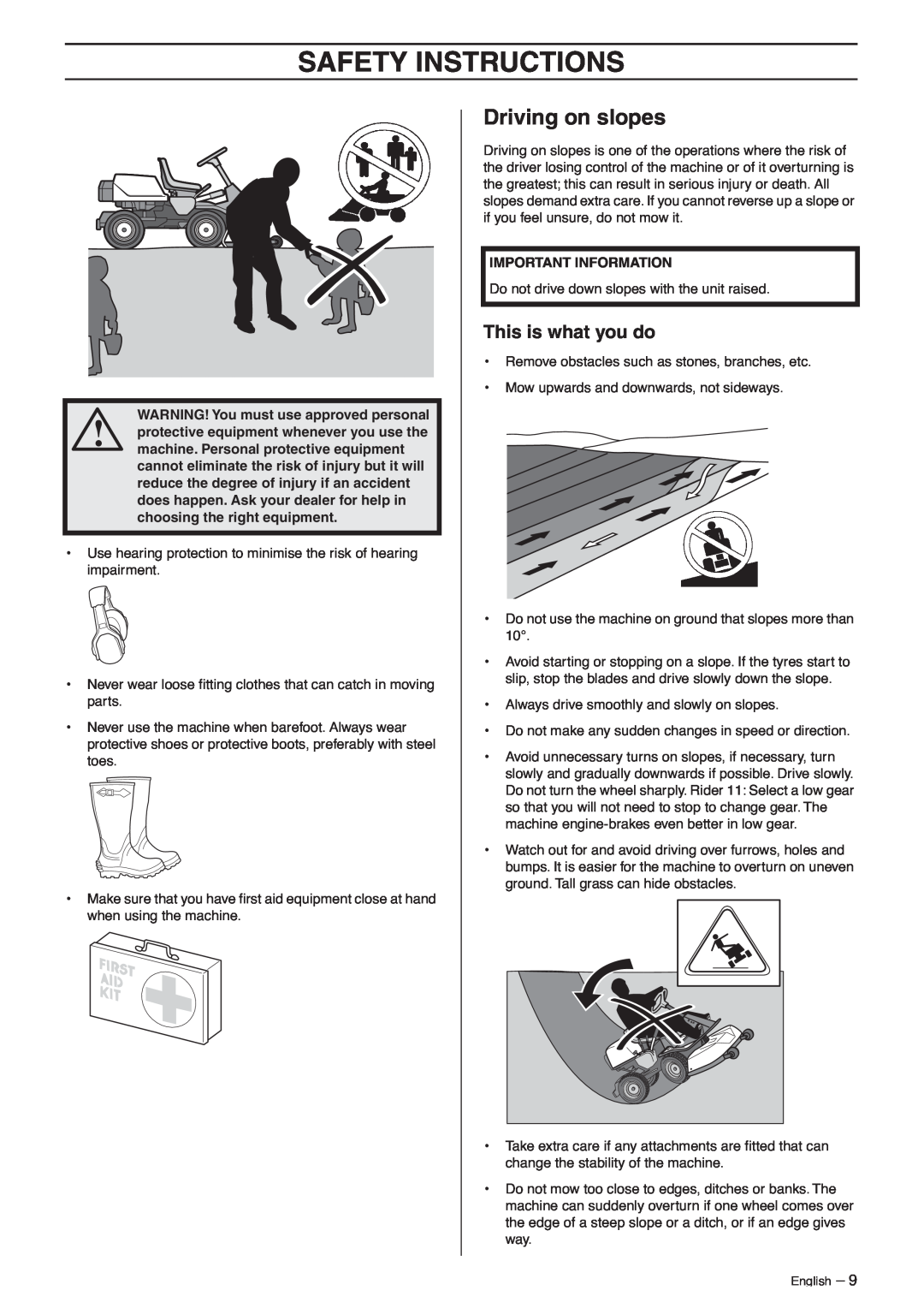 Husqvarna 11C, 13C Driving on slopes, This is what you do, WARNING! You must use approved personal, Important Information 