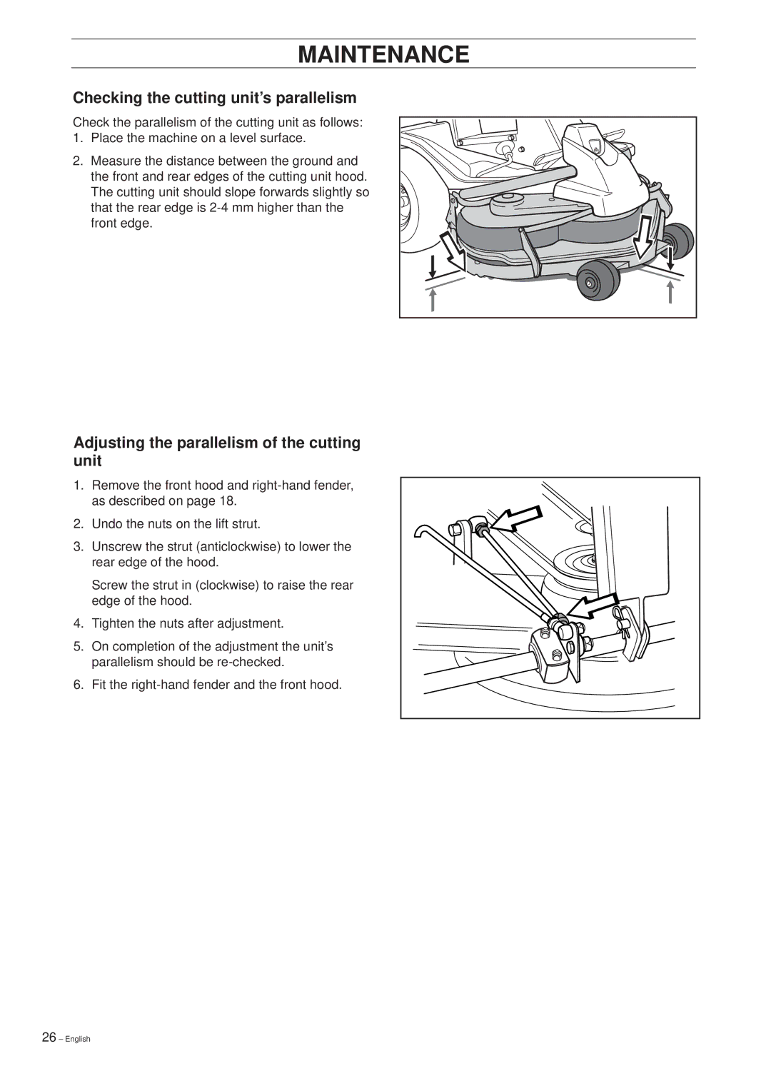 Husqvarna 14 Pro manual Checking the cutting unit’s parallelism, Adjusting the parallelism of the cutting unit 