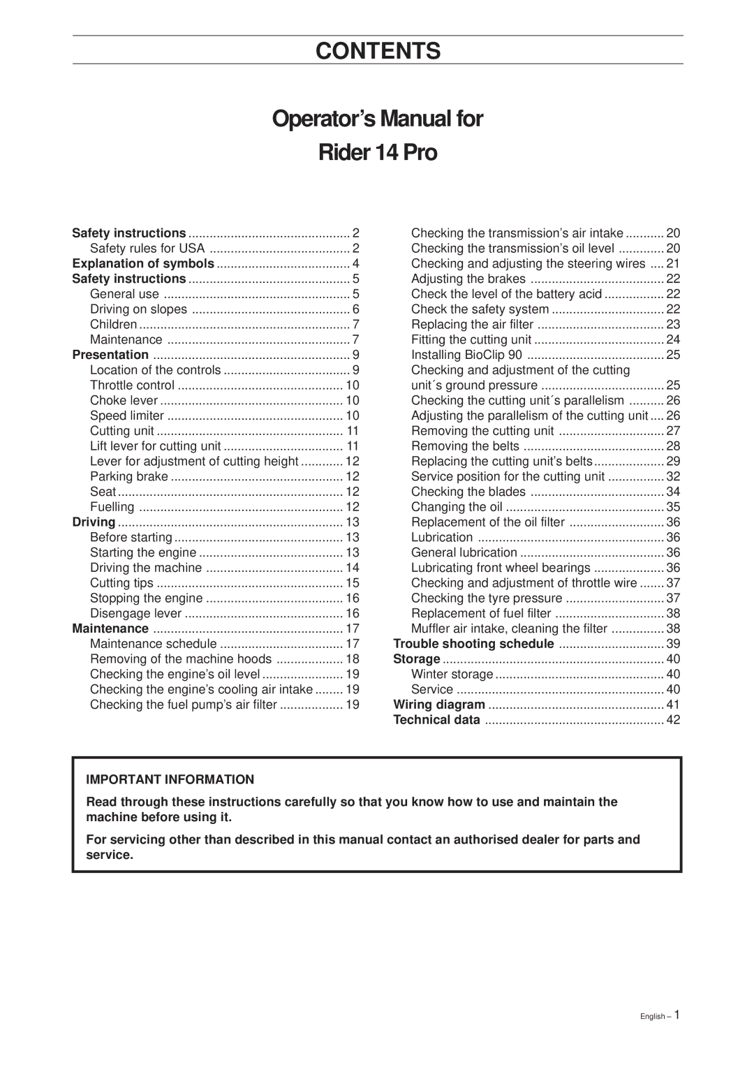 Husqvarna 14 Pro manual Contents 