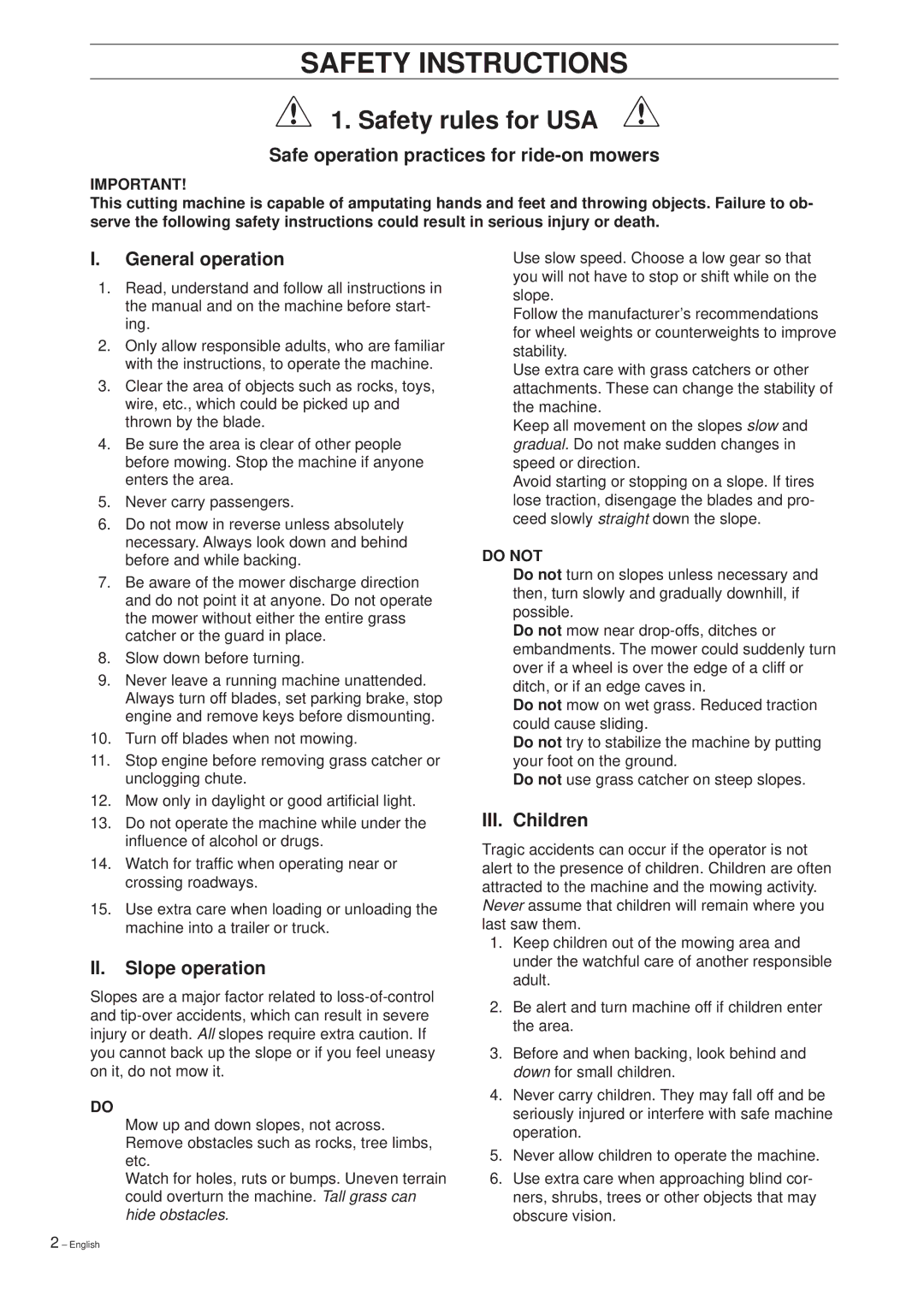 Husqvarna 14 Pro Safety Instructions, Safe operation practices for ride-on mowers, General operation, II. Slope operation 