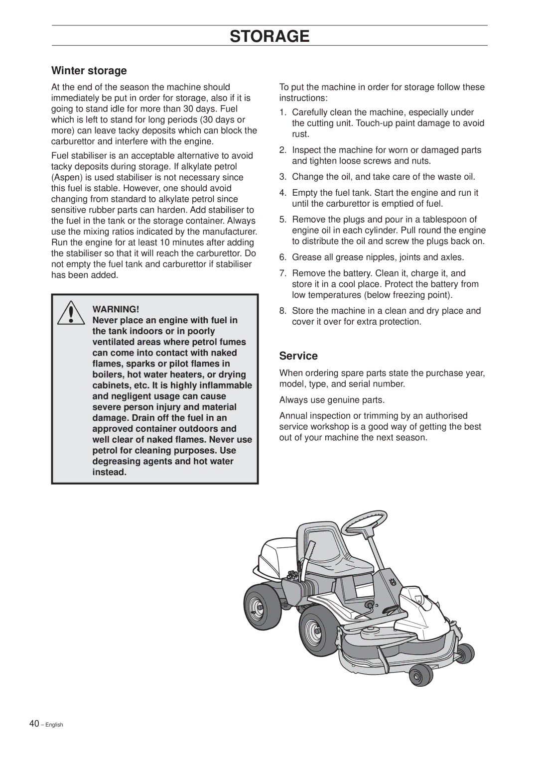 Husqvarna 14 Pro manual Storage, Winter storage, Service 