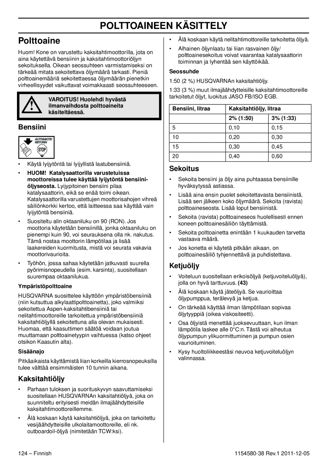 Husqvarna 140E TRIOBRAKE, 135E manuel dutilisation Polttoaineen Käsittely 