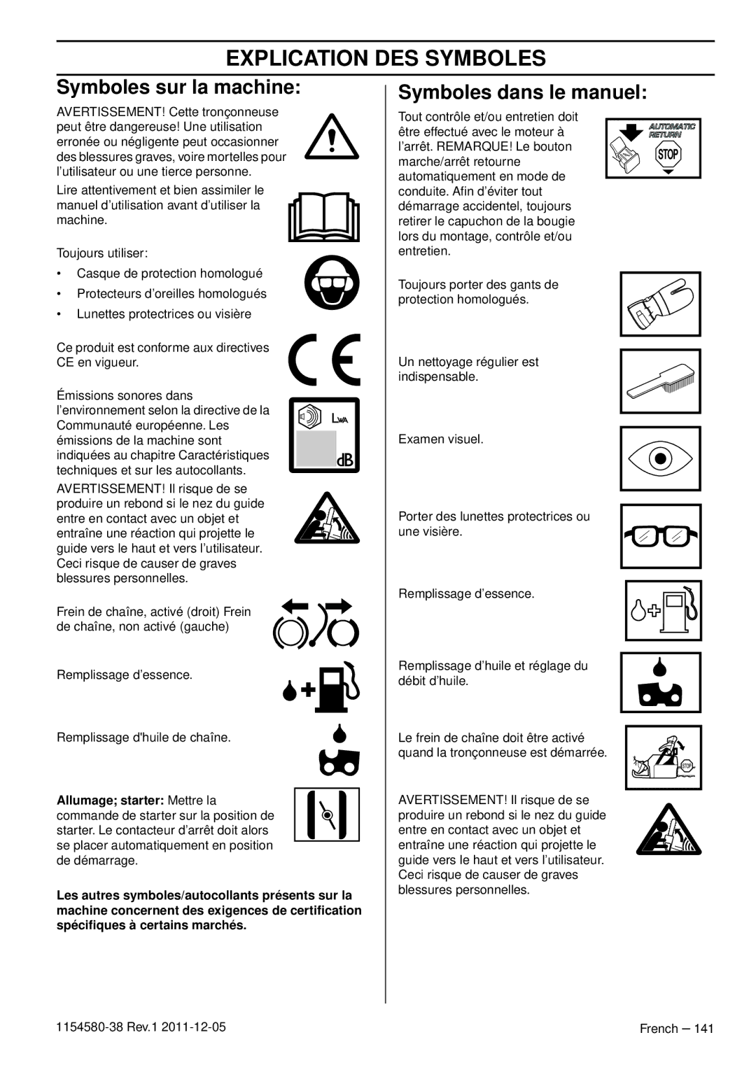Husqvarna 140E TRIOBRAKE, 135E Explication DES Symboles, Symboles sur la machine, Symboles dans le manuel 