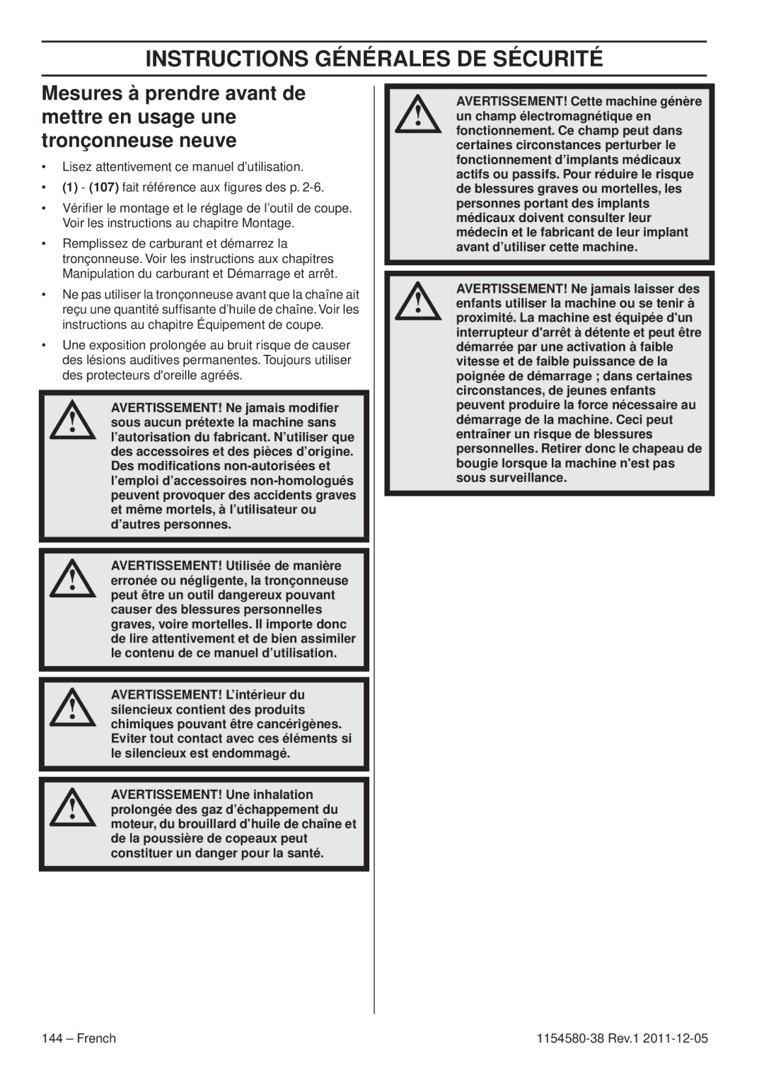 Husqvarna 140E TRIOBRAKE, 135E manuel dutilisation Instructions Générales DE Sécurité 