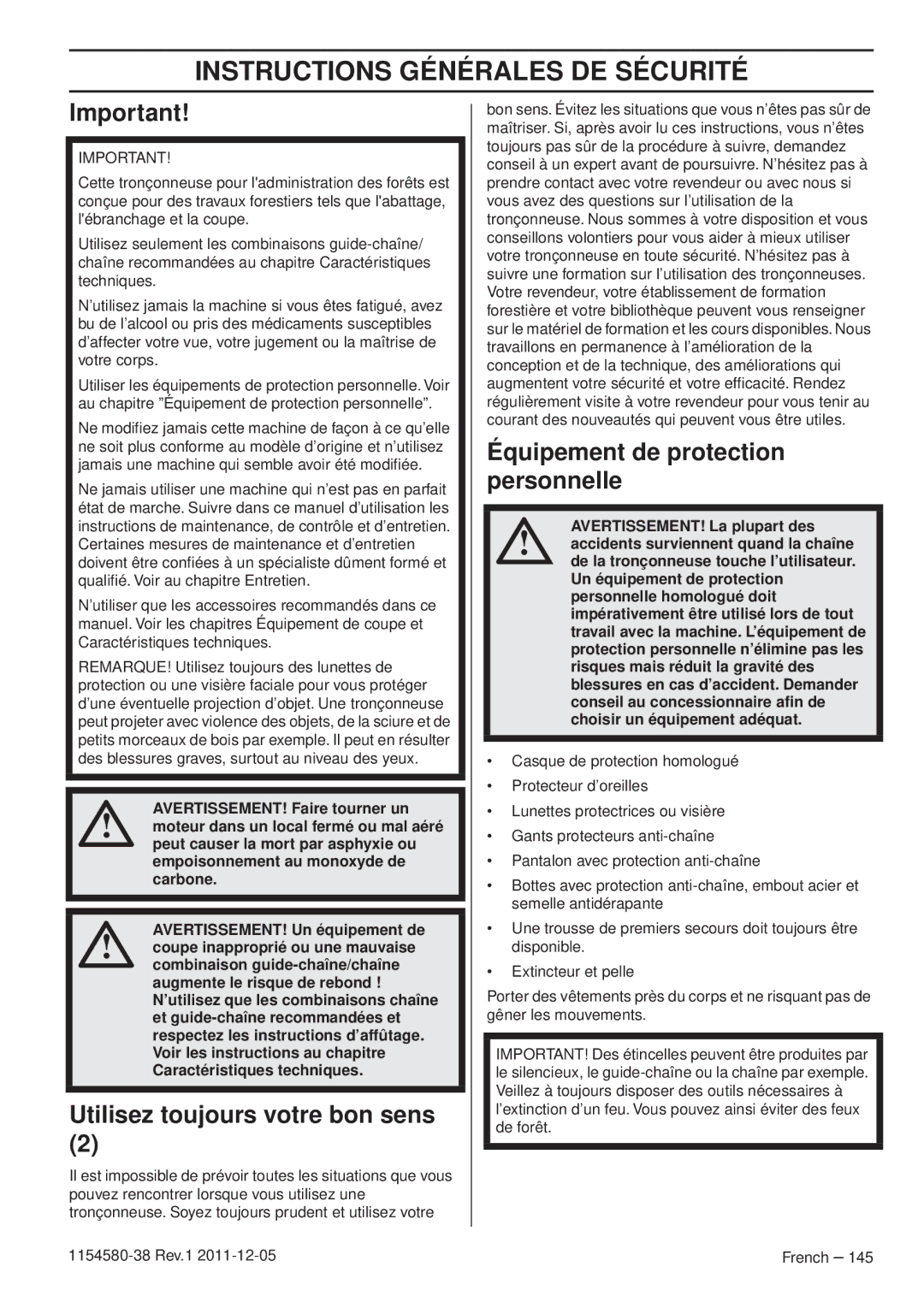 Husqvarna 140E TRIOBRAKE, 135E manuel dutilisation Utilisez toujours votre bon sens, Équipement de protection personnelle 