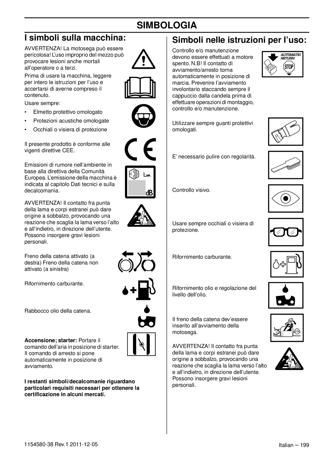 Husqvarna 140E TRIOBRAKE, 135E Simbologia, Simboli sulla macchina, Simboli nelle istruzioni per l’uso 
