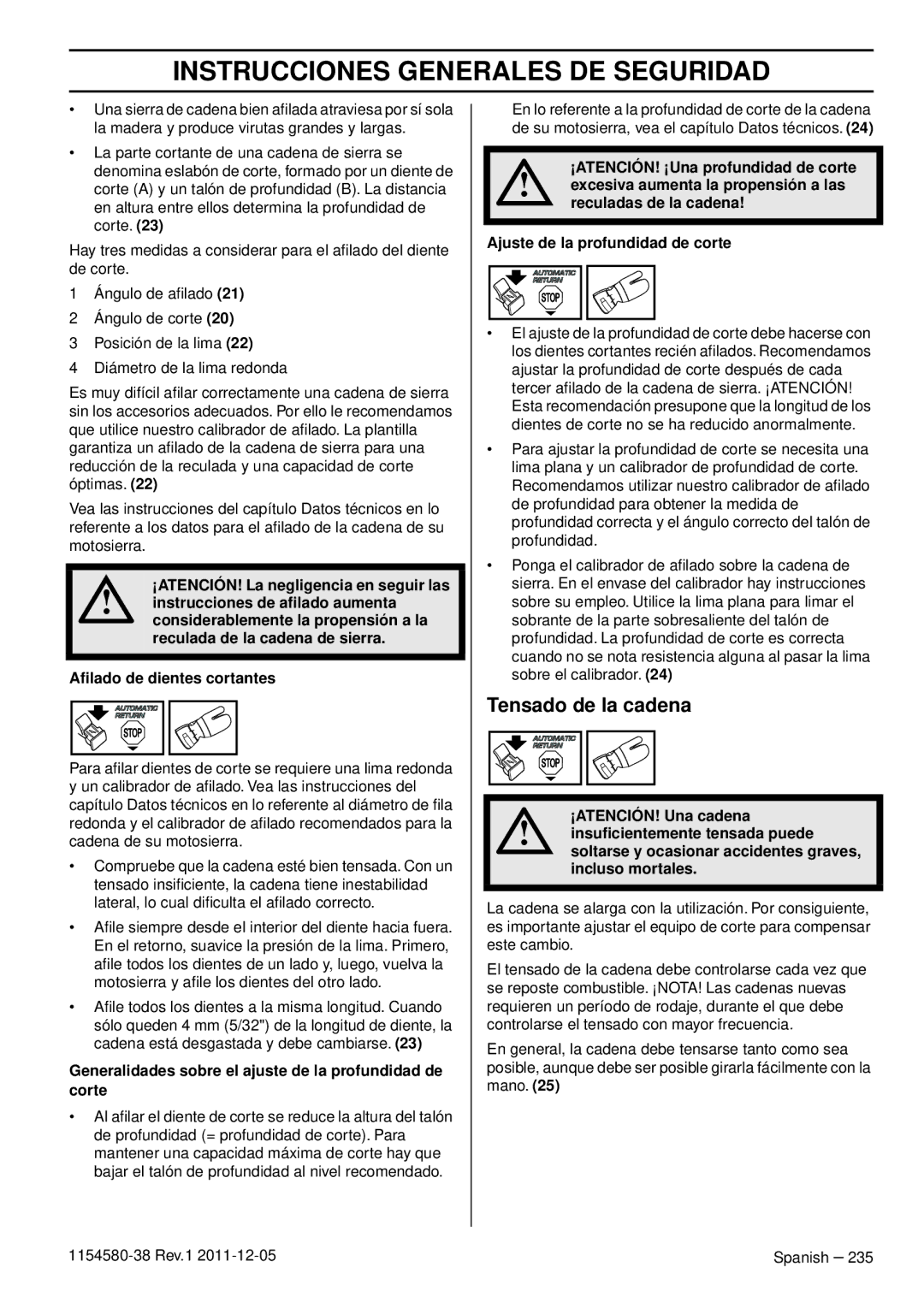 Husqvarna 140E TRIOBRAKE, 135E manuel dutilisation Tensado de la cadena 