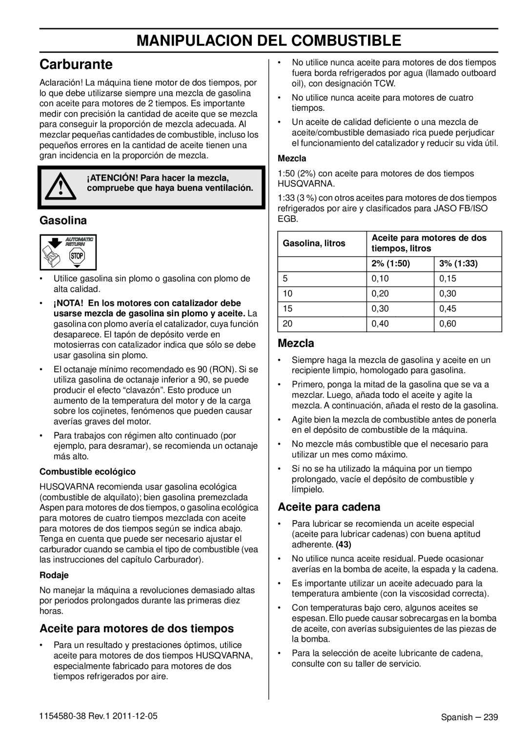 Husqvarna 135, 140 Manipulacion DEL Combustible, Gasolina, Aceite para motores de dos tiempos, Mezcla, Aceite para cadena 