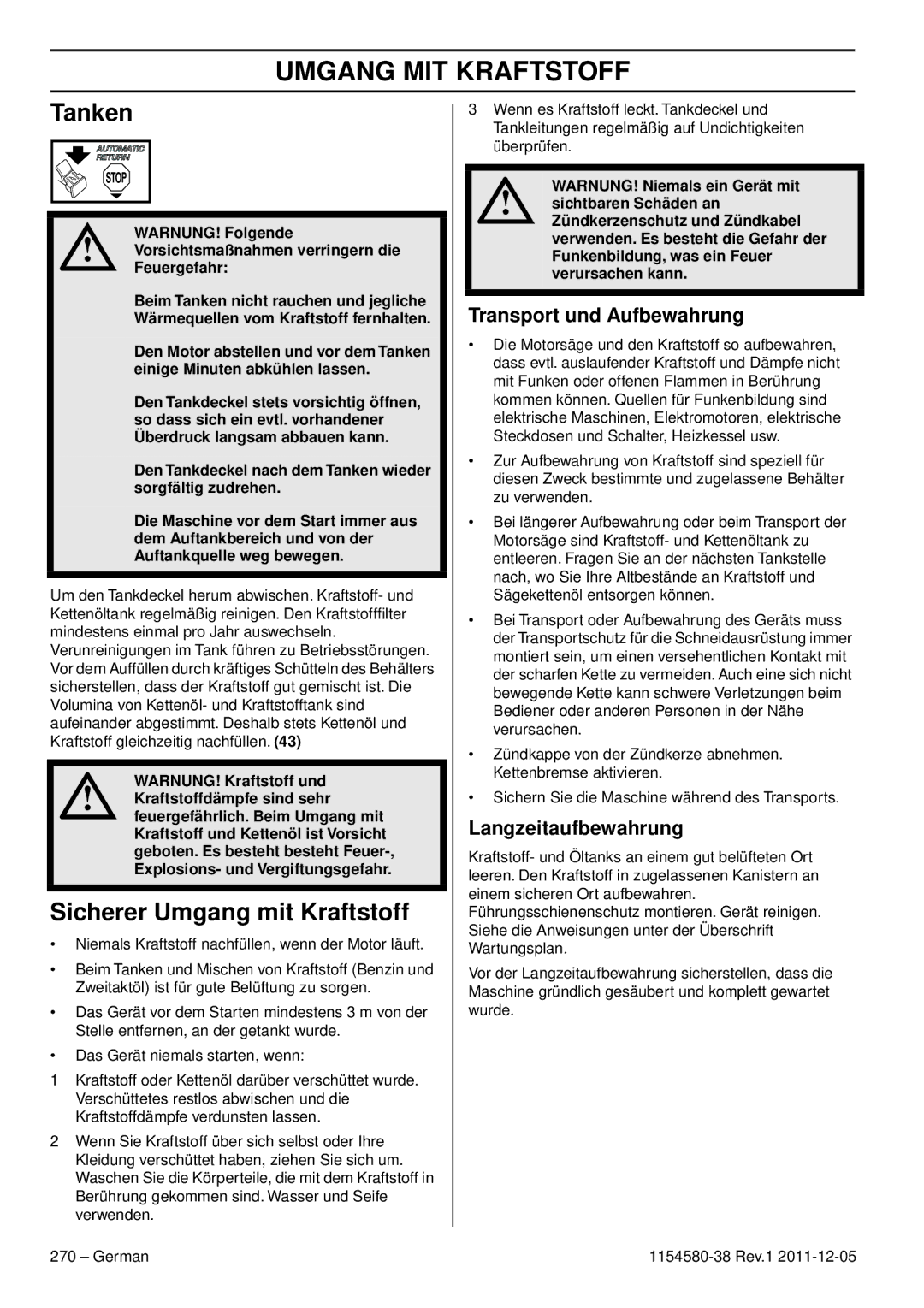 Husqvarna 140 Sicherer Umgang mit Kraftstoff, Transport und Aufbewahrung, Langzeitaufbewahrung, WARNUNG! Kraftstoff und 