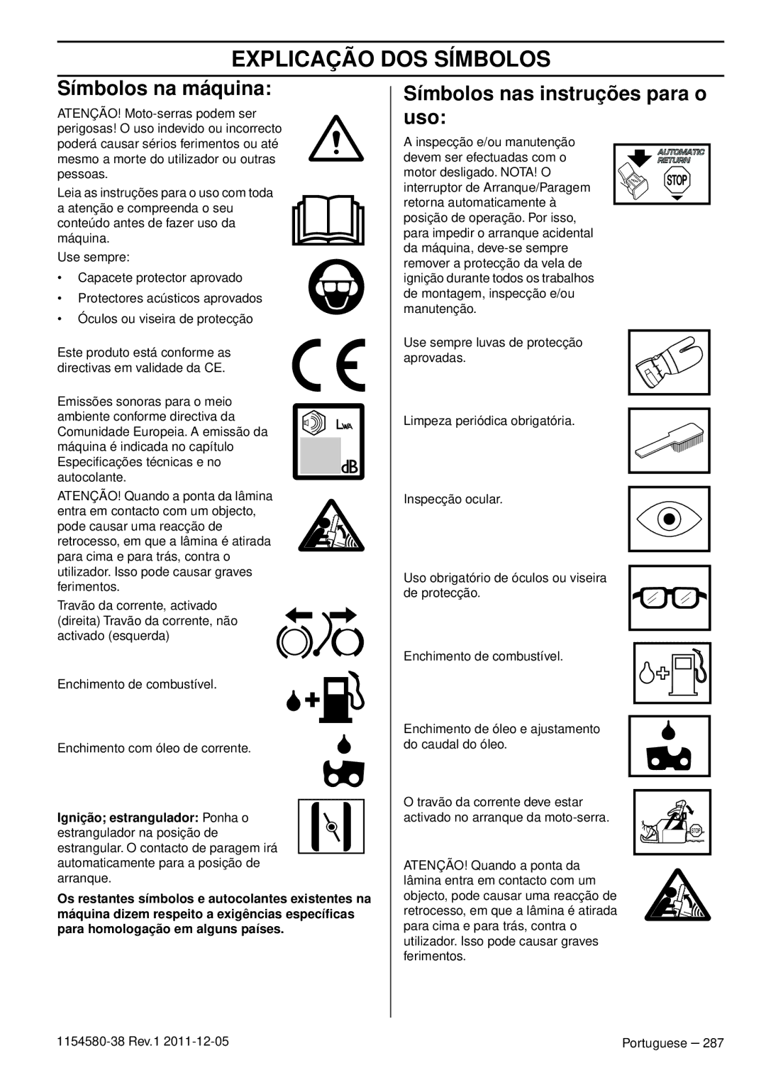 Husqvarna 140E TRIOBRAKE, 135E Explicação DOS Símbolos, Símbolos na máquina, Símbolos nas instruções para o uso 