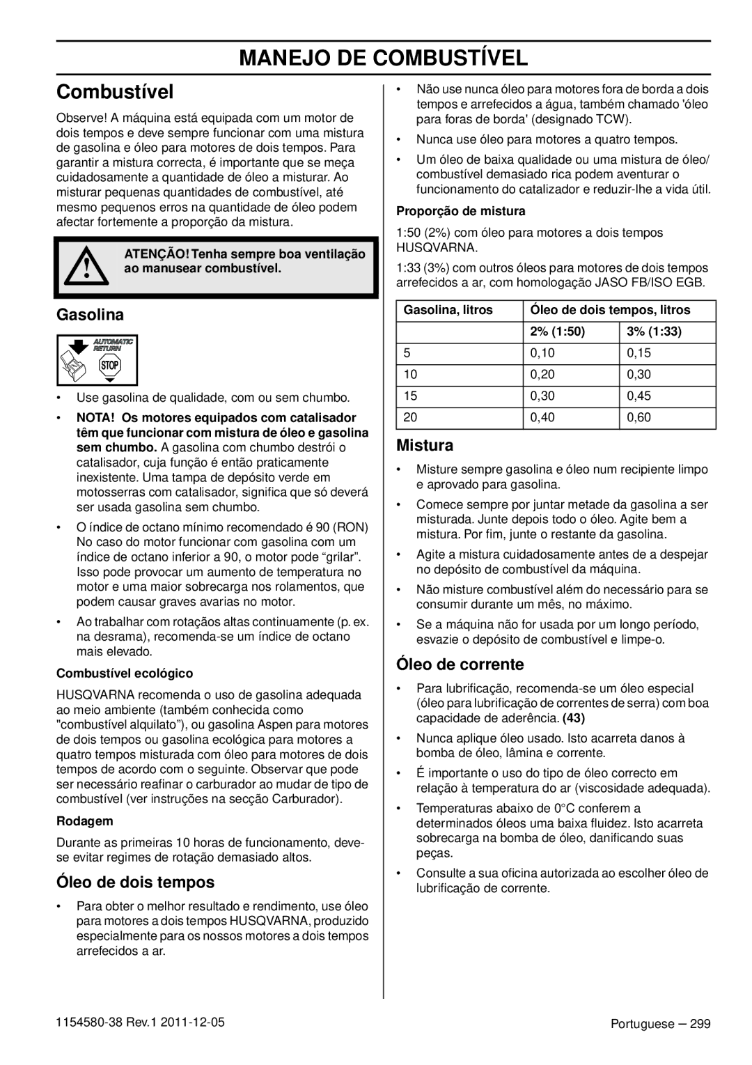 Husqvarna 140E TRIOBRAKE, 135E Manejo DE Combustível, Óleo de dois tempos, Mistura, Óleo de corrente 