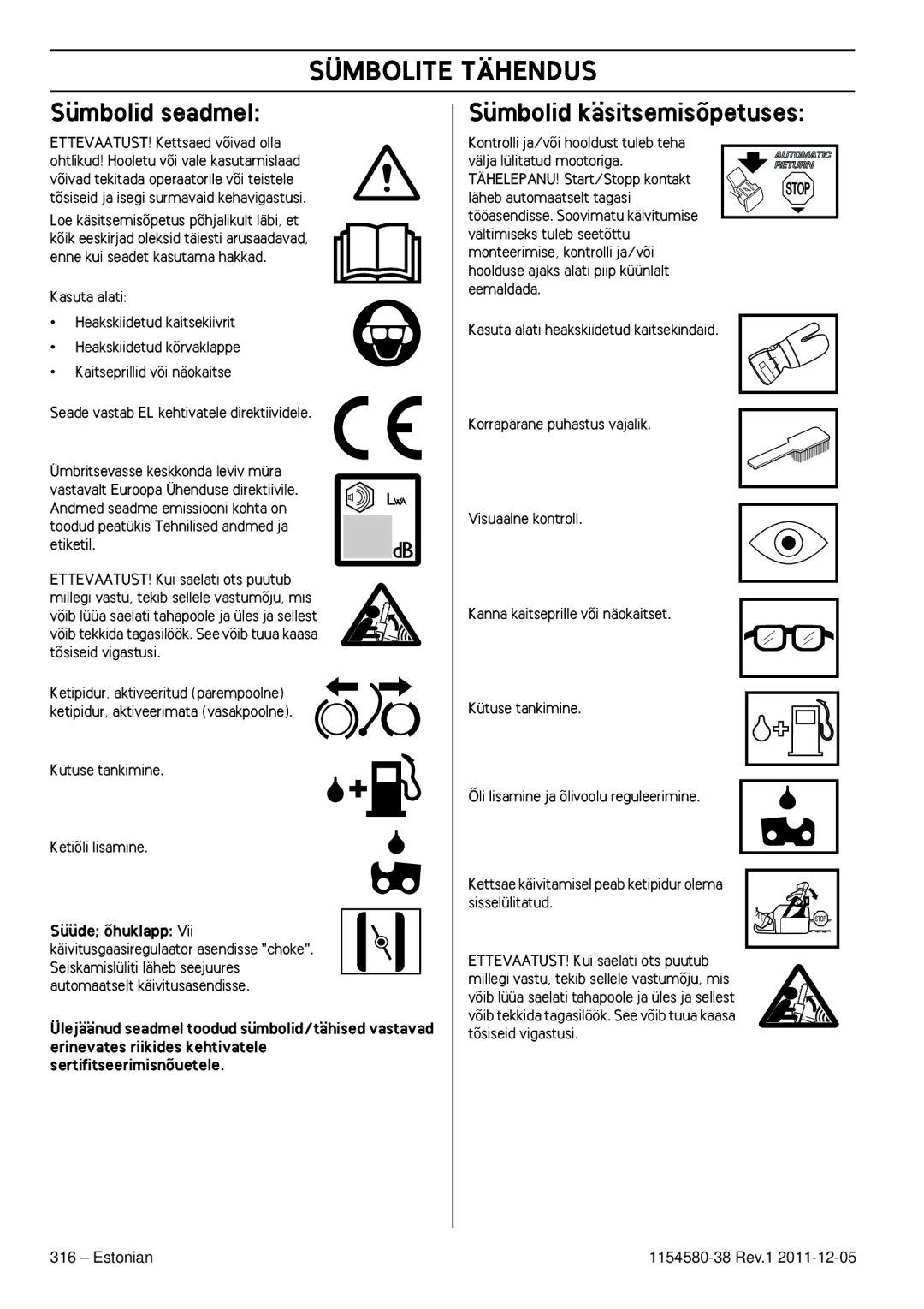 Husqvarna 140E TRIOBRAKE, 135E Sümbolite Tähendus, Sümbolid seadmel, Sümbolid käsitsemisõpetuses, Süüde õhuklapp, Estonian 