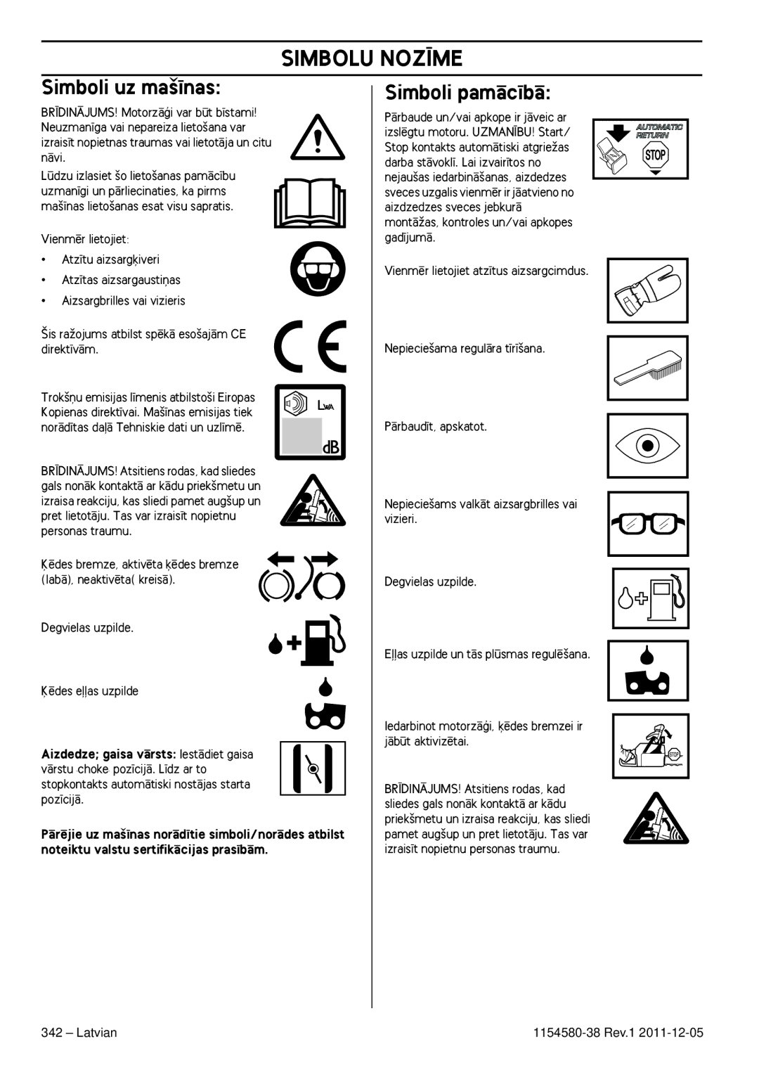 Husqvarna 140E TRIOBRAKE, 135E Simbolu NOZ±ME, Simboli uz ma‰¥nas, Simboli pamÇc¥bÇ, Latvian 1154580-38 Rev.1 