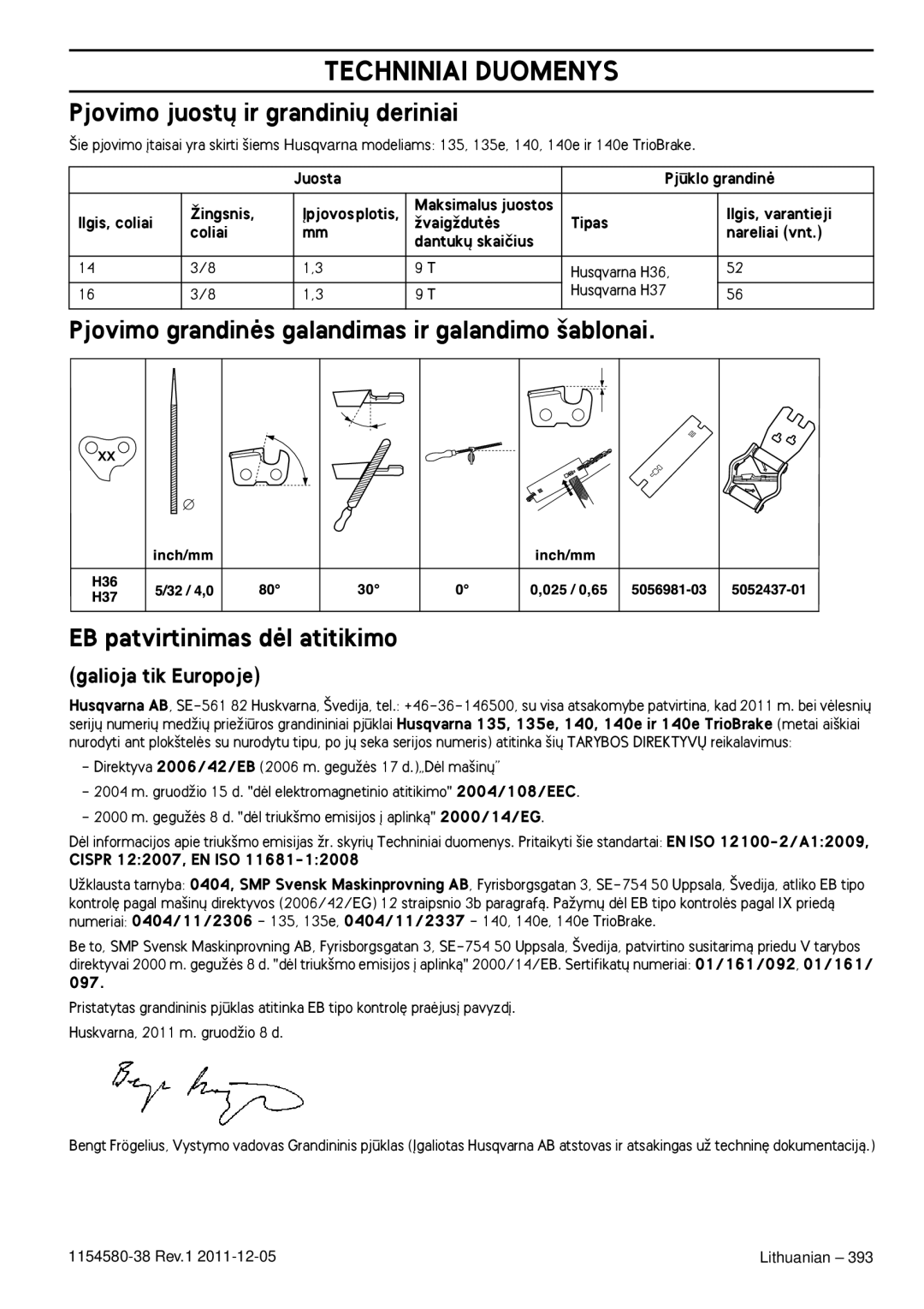 Husqvarna 135E, 140E TRIOBRAKE manuel dutilisation Pjovimo juost˜ ir grandini˜ deriniai, Galioja tik Europoje 