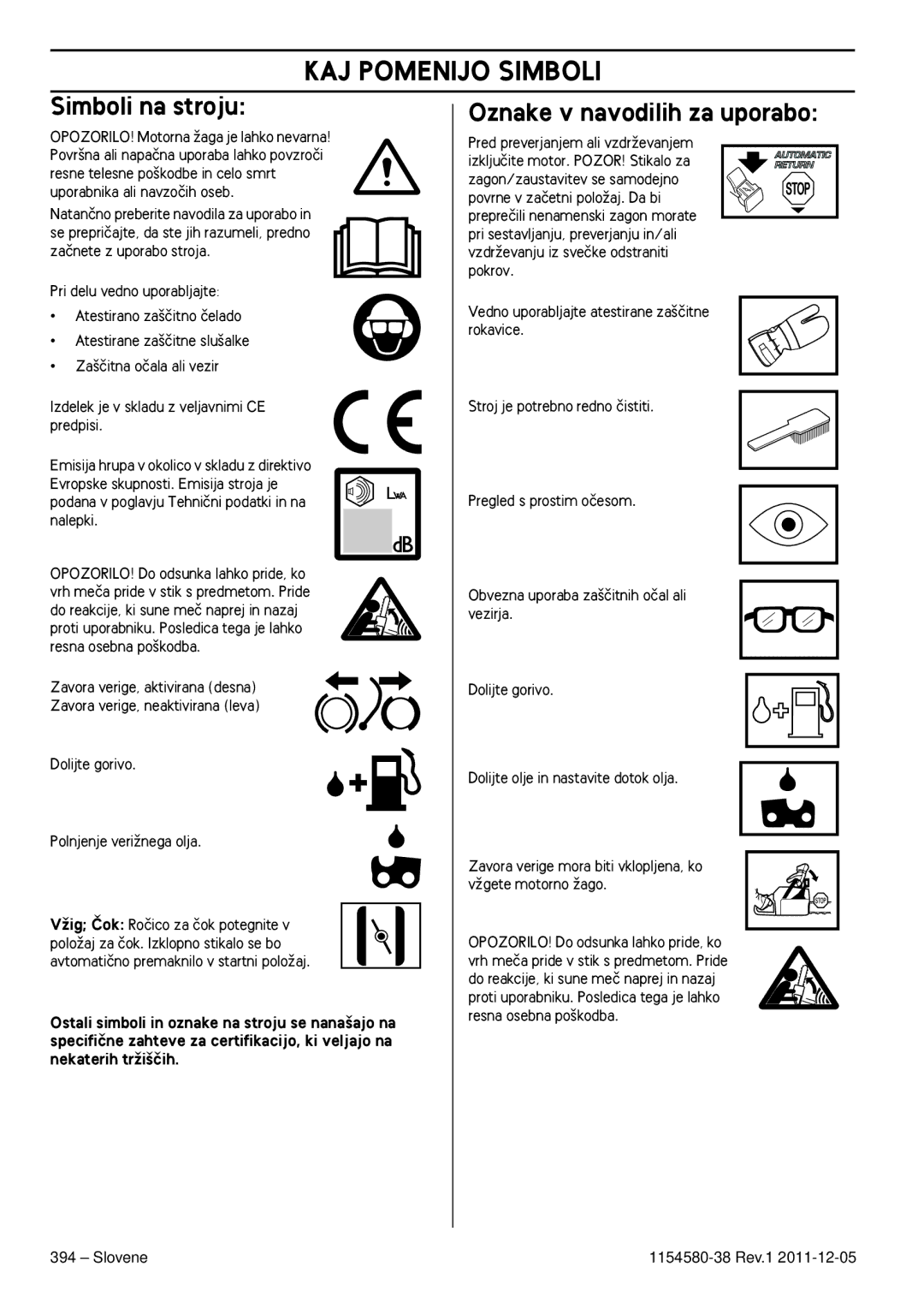Husqvarna 135, 140E KAJ Pomenijo Simboli, Simboli na stroju, Oznake v navodilih za uporabo, Slovene 1154580-38 Rev.1 