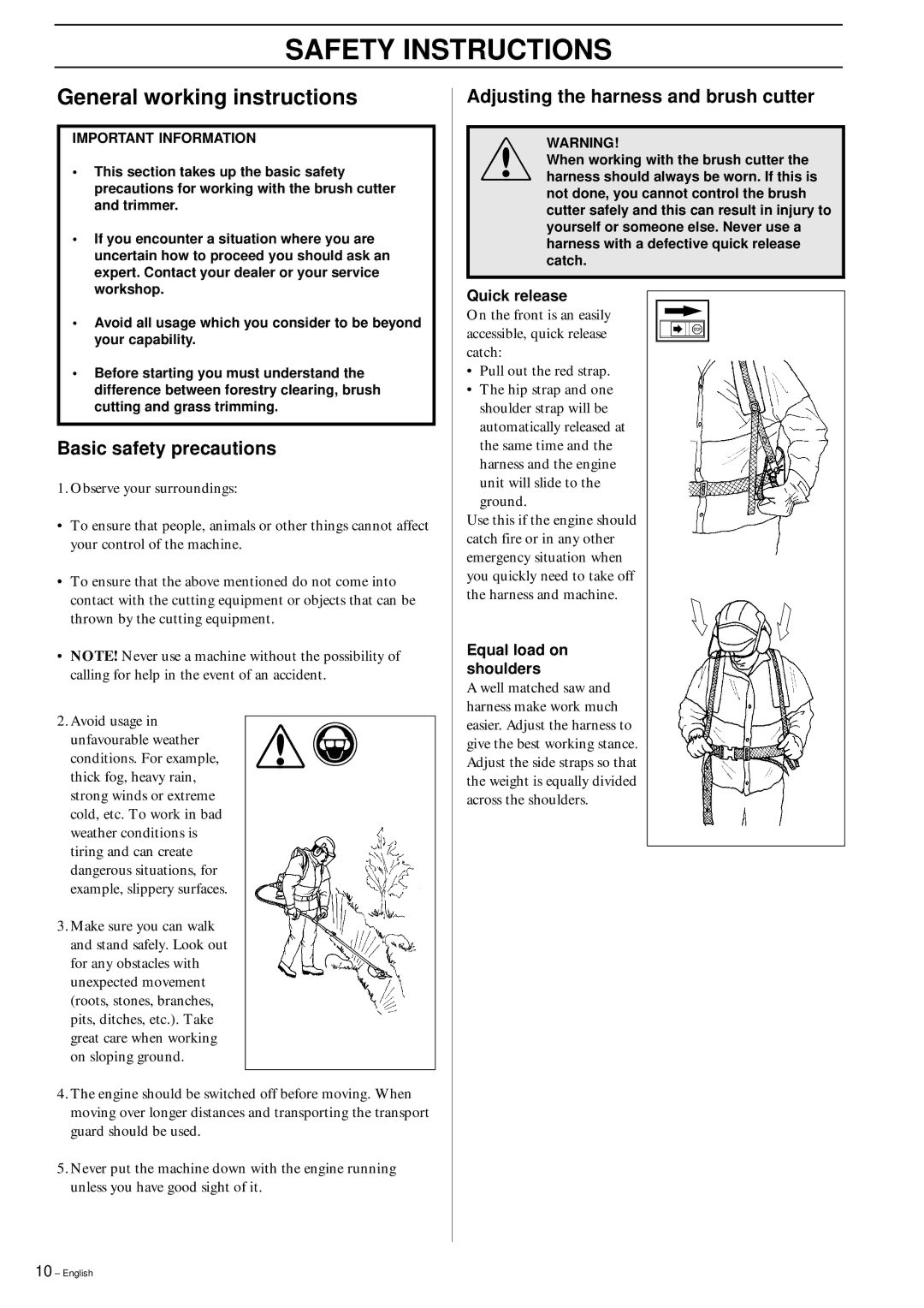 Husqvarna 142 RB, 152RB General working instructions, Basic safety precautions, Adjusting the harness and brush cutter 