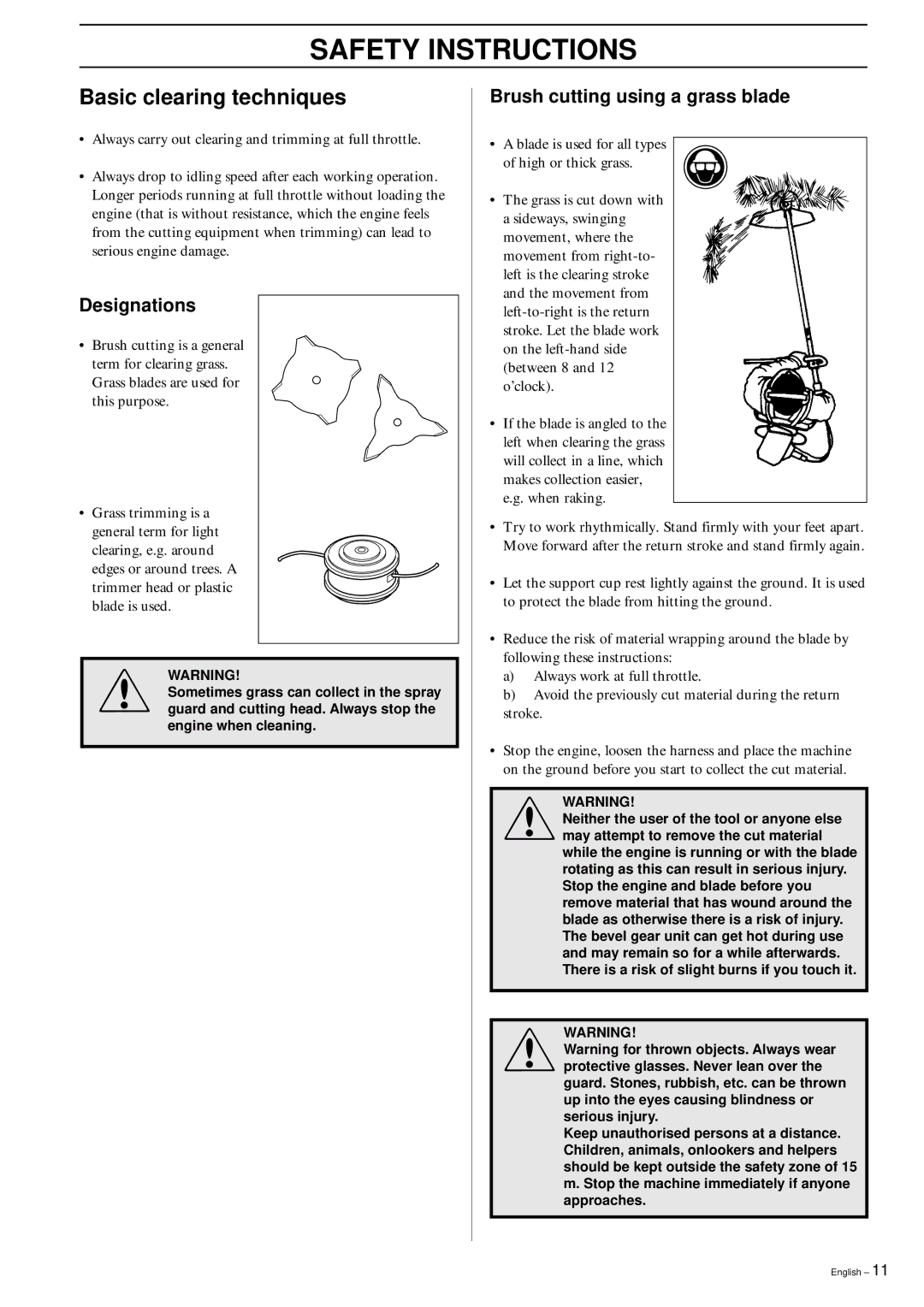 Husqvarna 142RB, 142 RB, 152RB manual Basic clearing techniques, Designations, Brush cutting using a grass blade 
