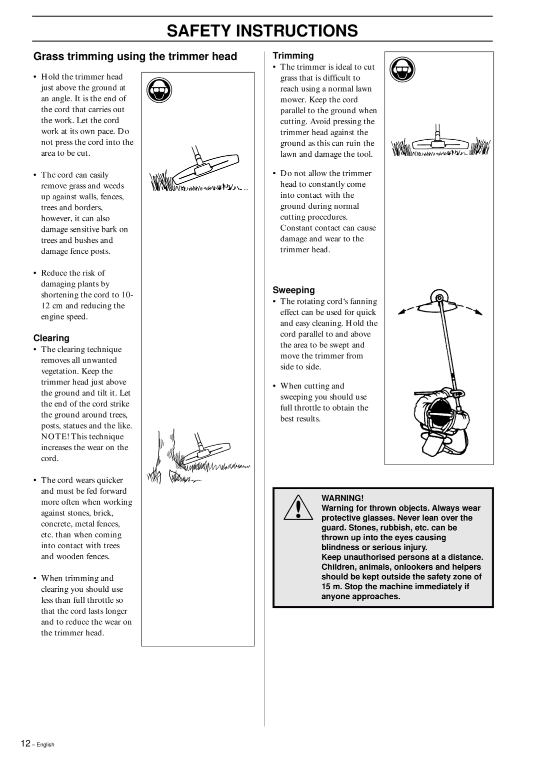 Husqvarna 142 RB, 152RB, 142RB manual Grass trimming using the trimmer head, Clearing, Trimming, Sweeping 